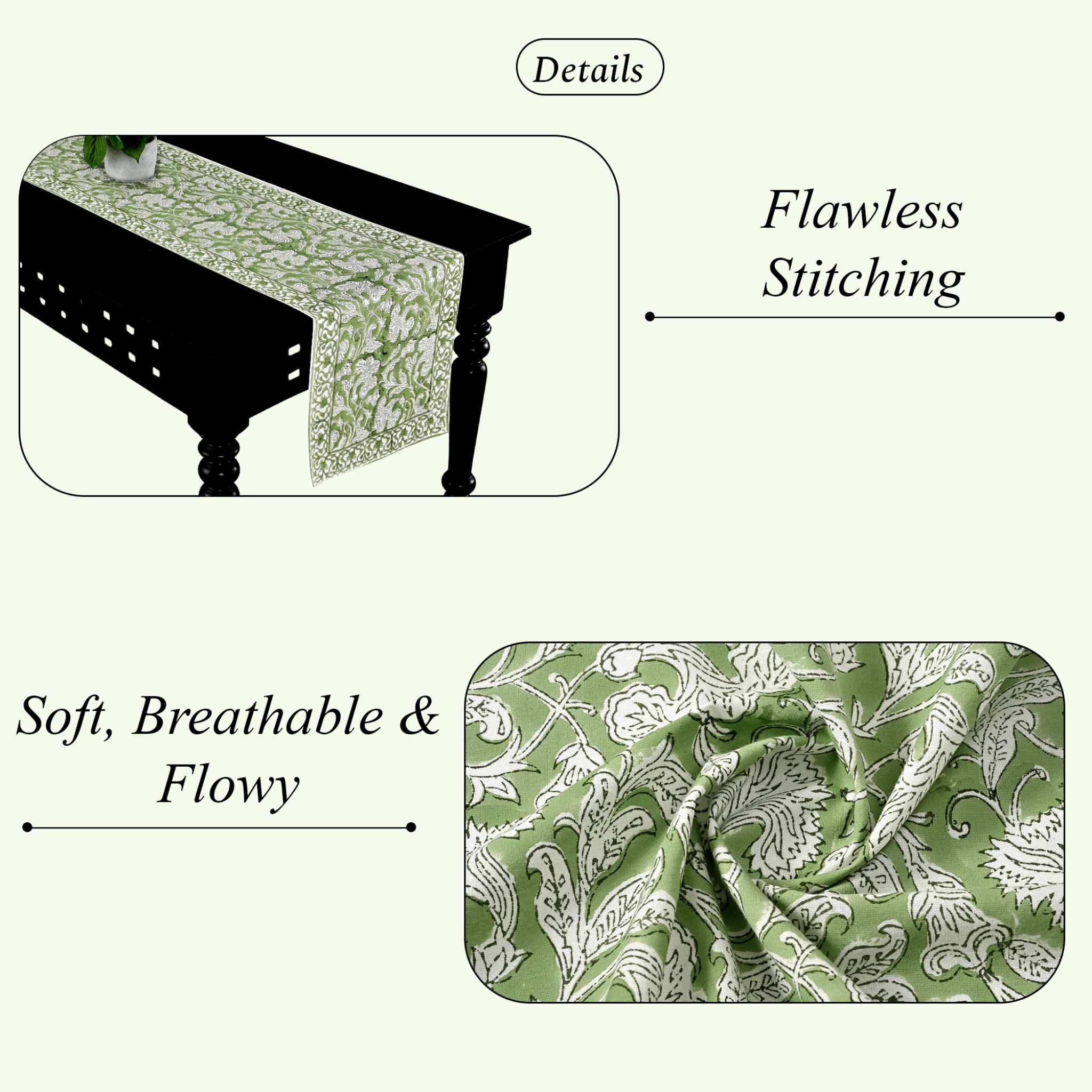 Green patterned table runner on a black table with text highlighting 'Flawless Stitching' and 'Soft, Breathable & Flowy'.