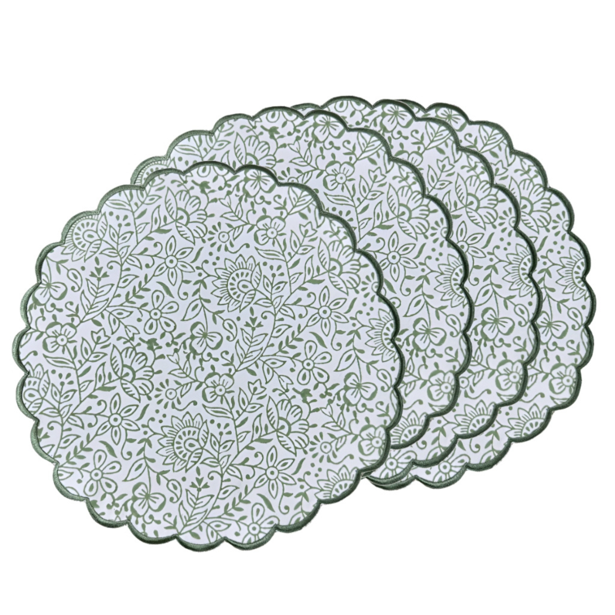 Set of four decorative round placemats with floral pattern on a white background