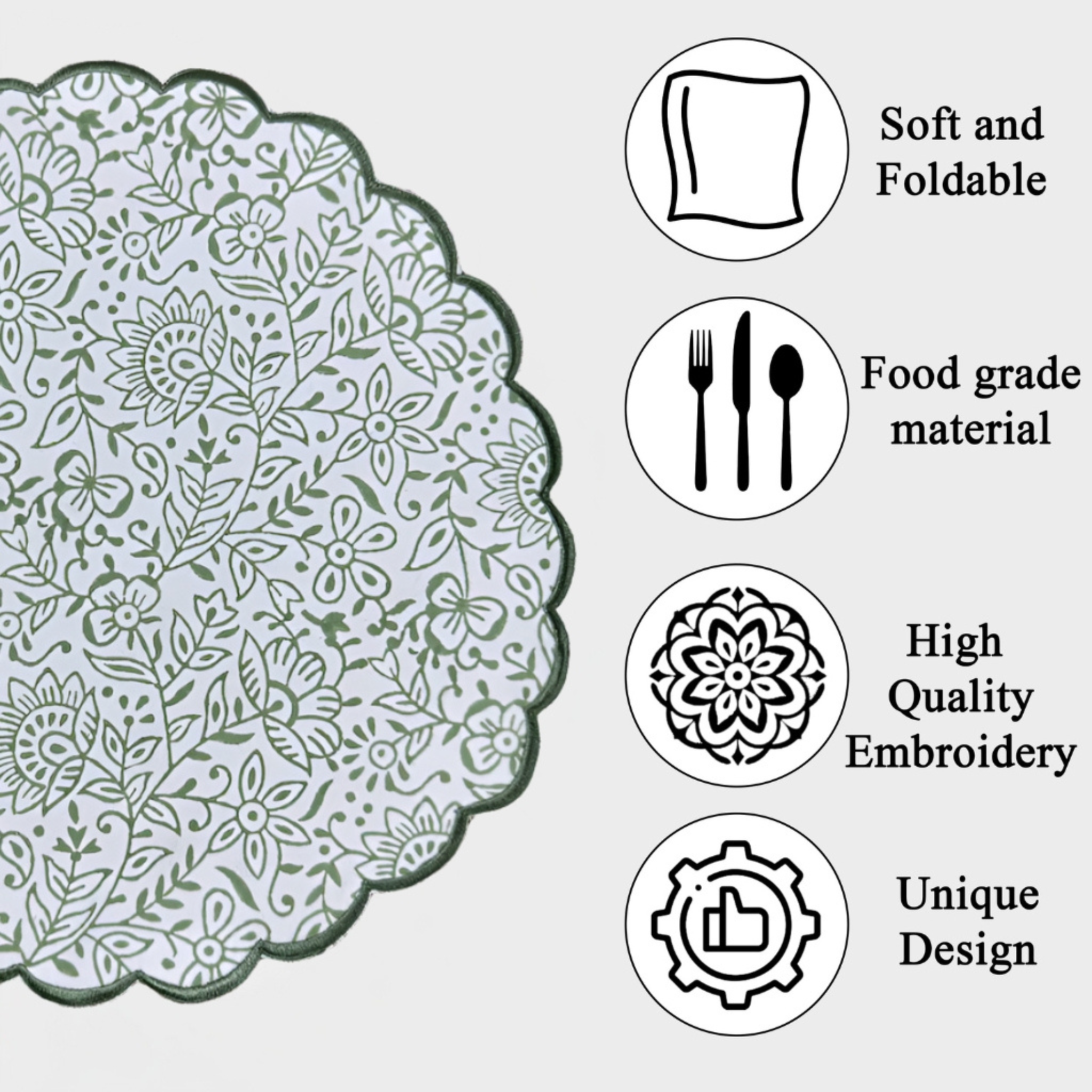 Decorative plate with floral pattern and features listed on a white background