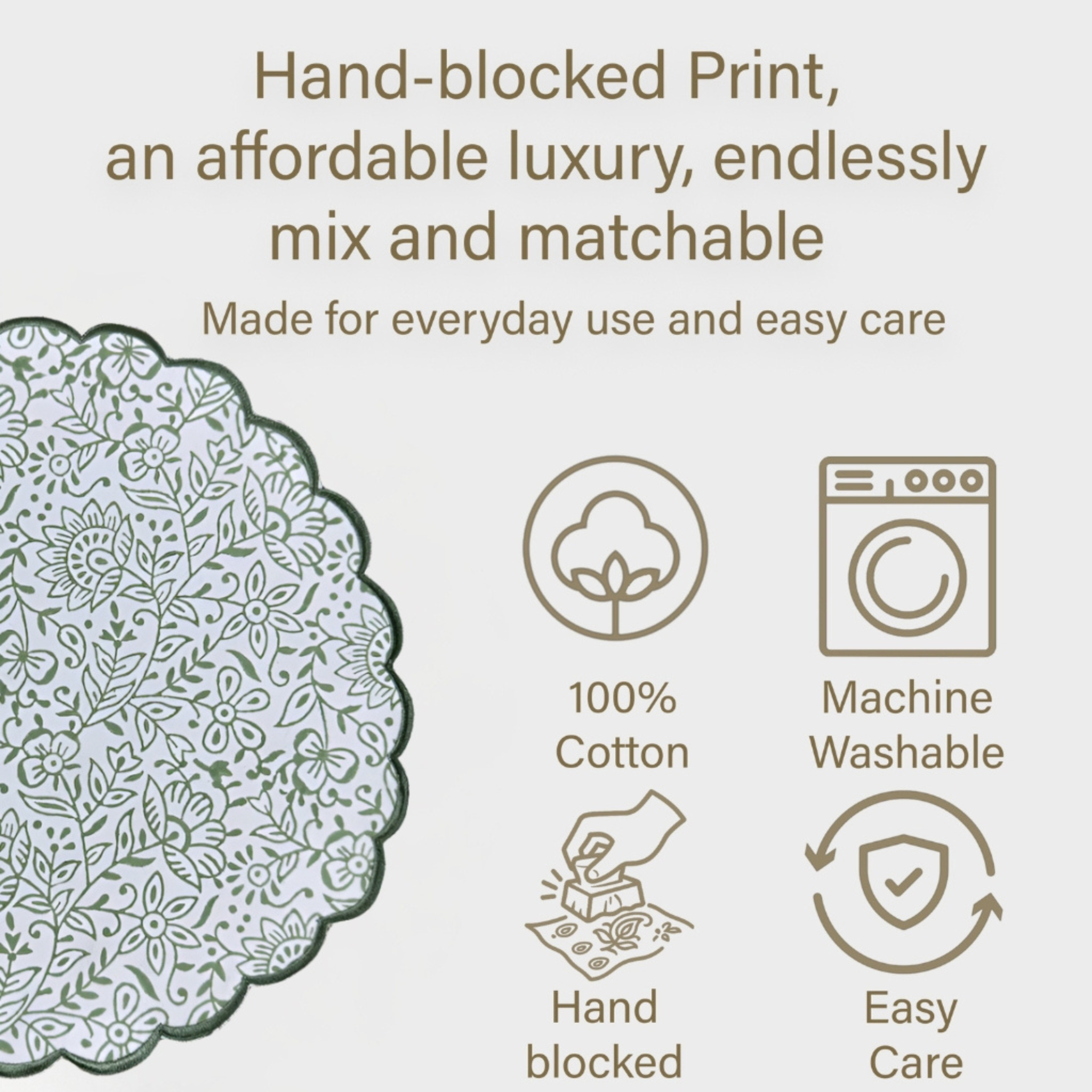 Product description with hand-blocked print, 100% cotton, machine washable, hand blocked, and easy care features on a light background.