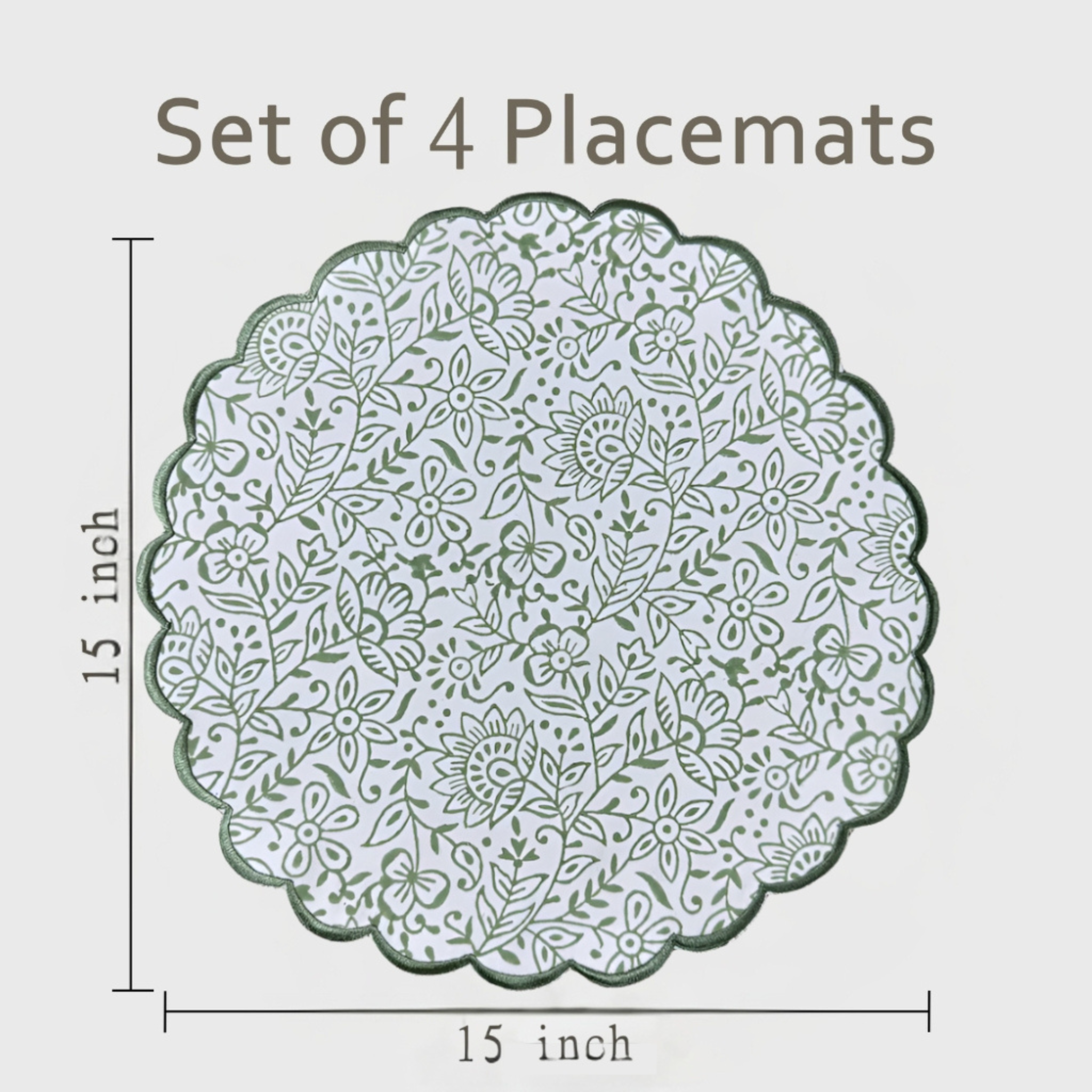 Set of 4 placemats with floral pattern and dimensions on a white background