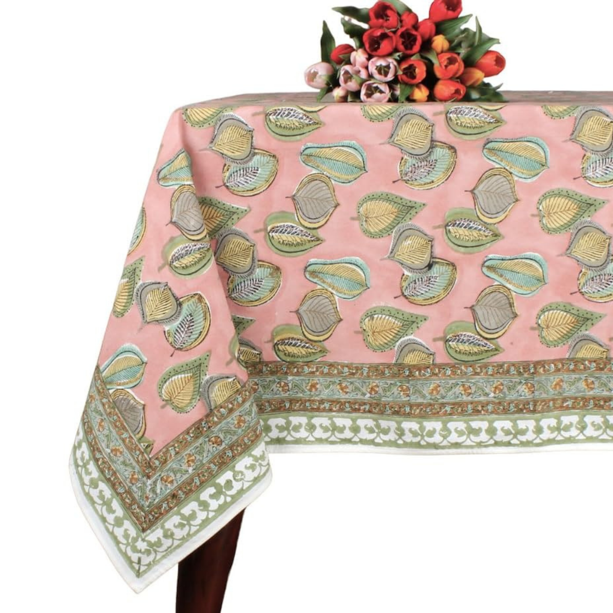 decorative cotton pink tablecloth with indian handblock printed border on plain white background