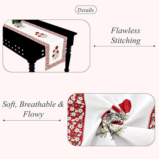 Table runner with floral design on a white background, highlighting 'Flawless Stitching' and 'Soft, Breathable & Flowy' text.