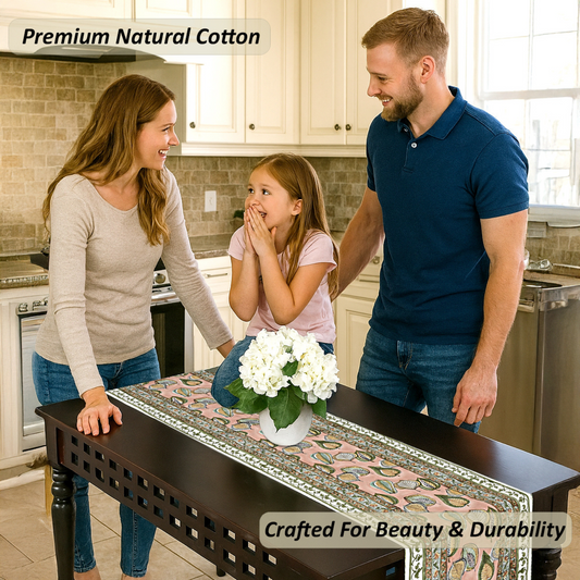 Family in a kitchen with a decorative table runner and flowers.