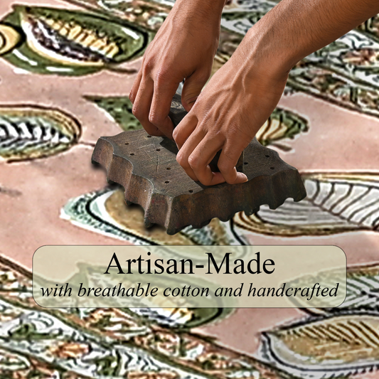 Hands using a stamp on a piece of fabric with 'Artisan-Made' text overlay.