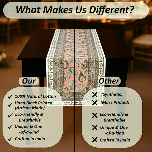 Table runner with text comparing natural cotton products to synthetic ones, emphasizing eco-friendliness and uniqueness.