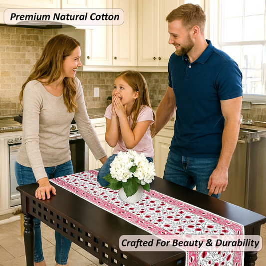 Family in a kitchen with a table runner featuring white flowers.