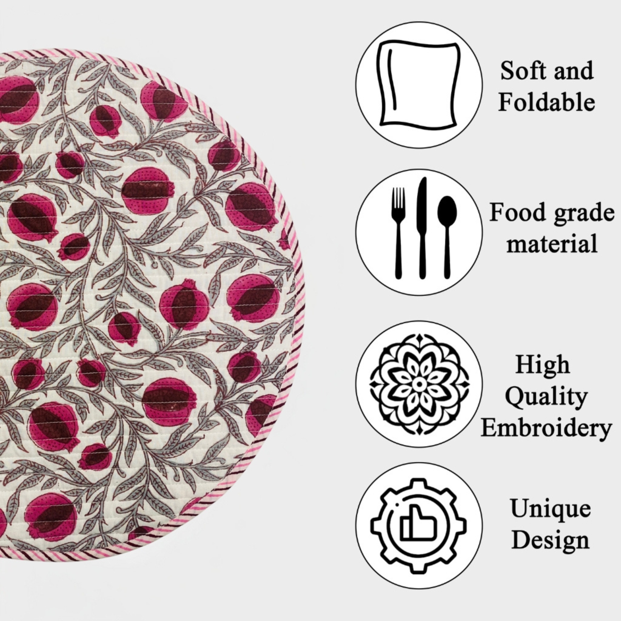 Patterned fabric with soft and foldable, food grade material, high quality embroidery, and unique design features.