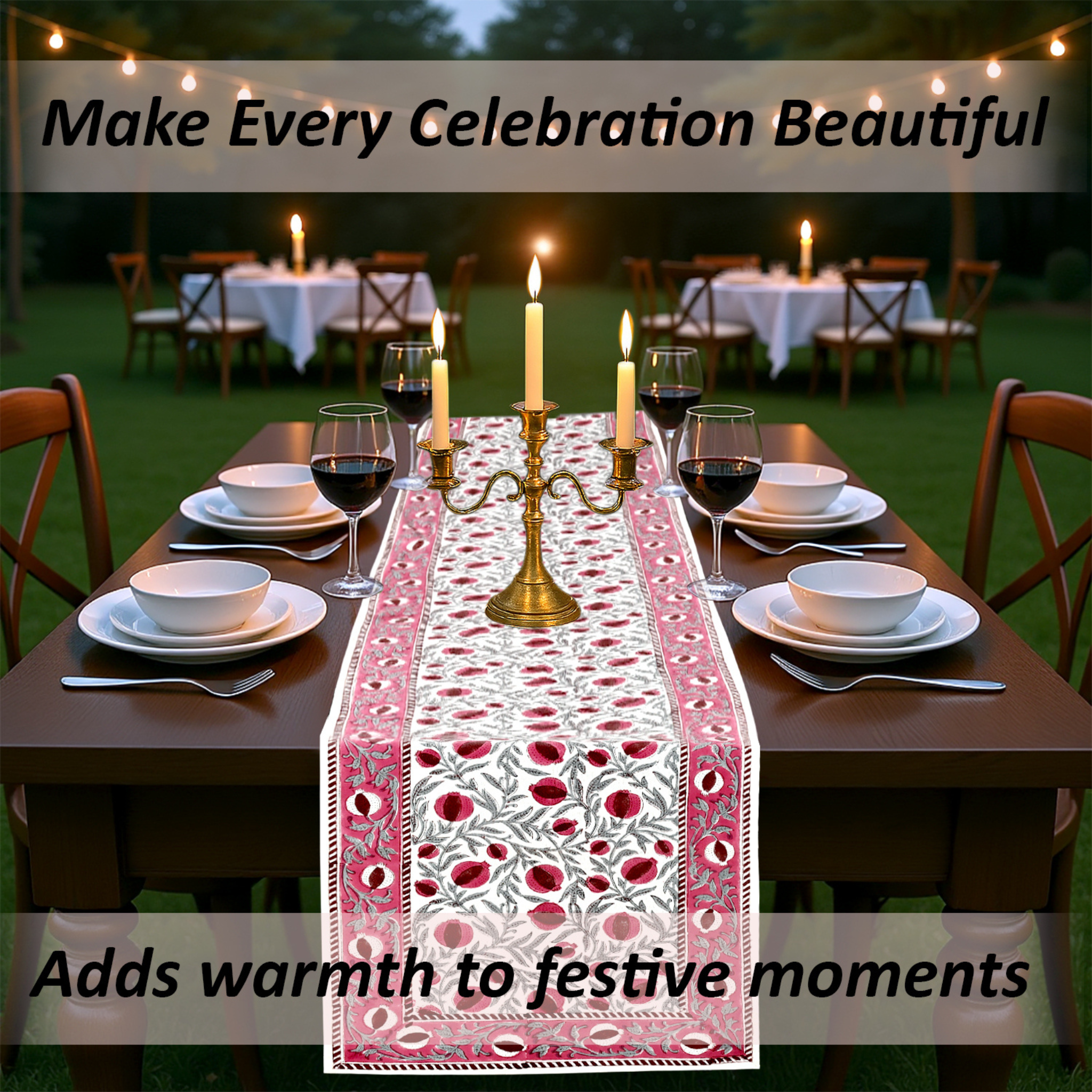 Dining table set with a decorative table runner, candles, and wine glasses outdoors.