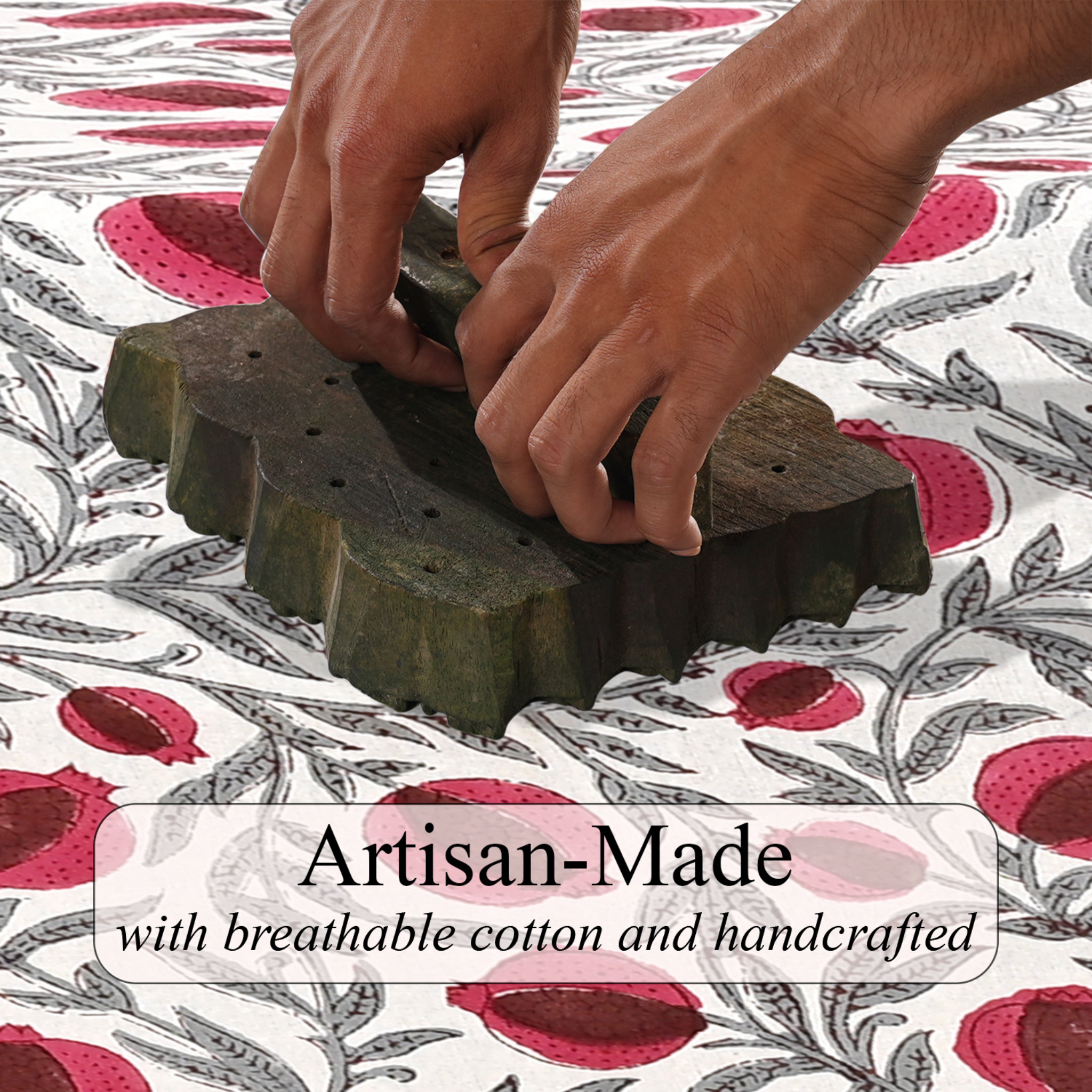 Hands working with a green block on a patterned fabric background, with text 'Artisan-Made with breathable cotton and handcrafted'.