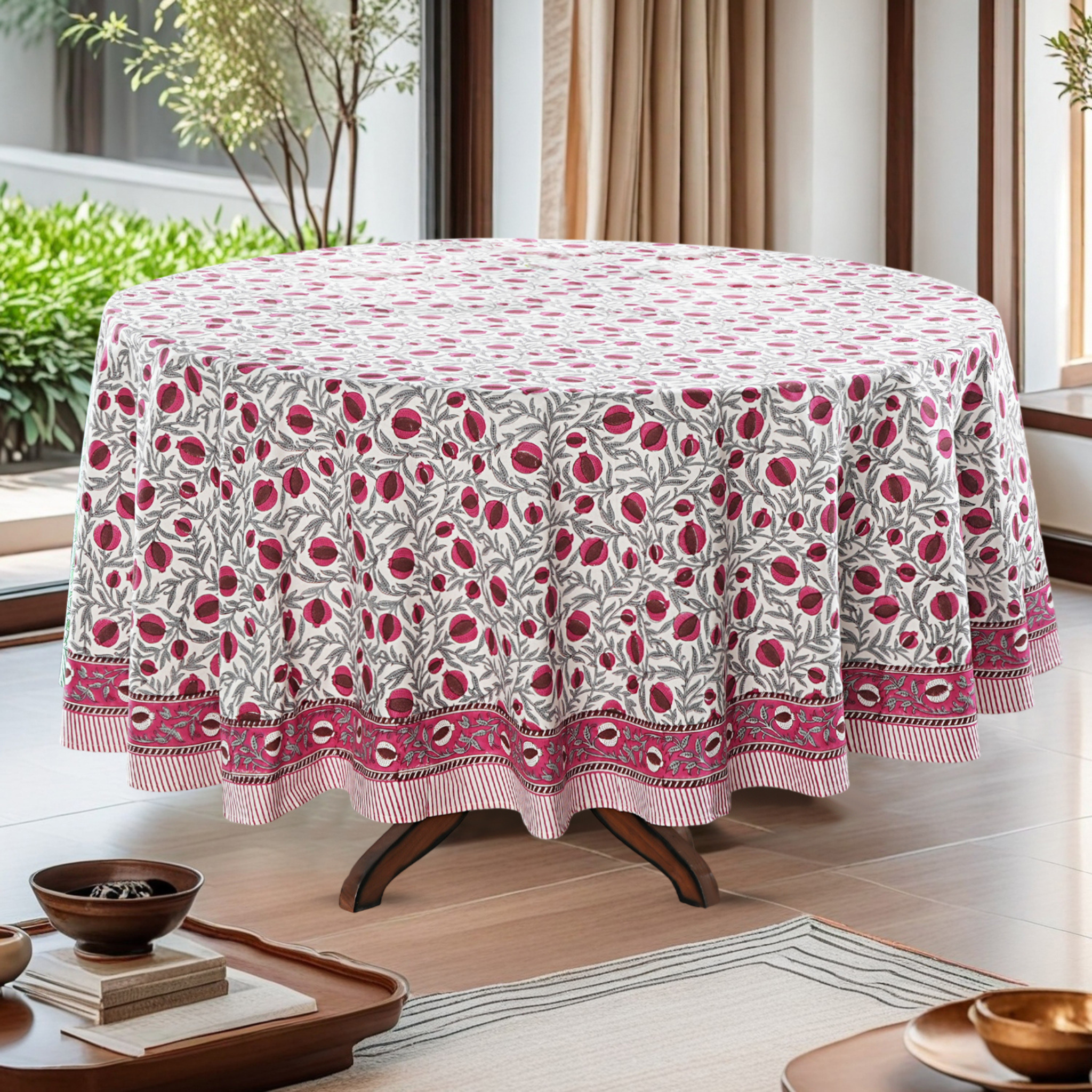 Round table with a floral patterned tablecloth in a bright room.