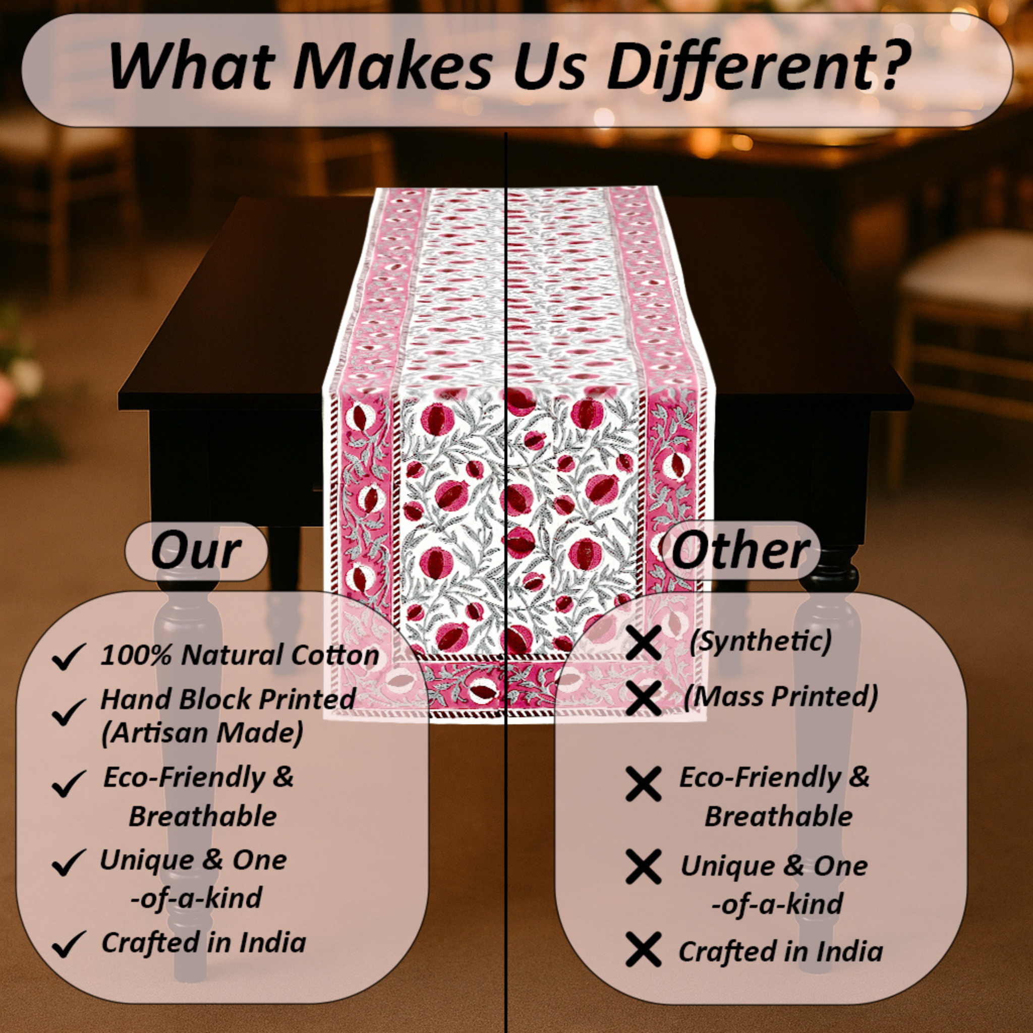 Table runner with floral pattern on a table, comparing 'Our' product to 'Other' products with text overlay.