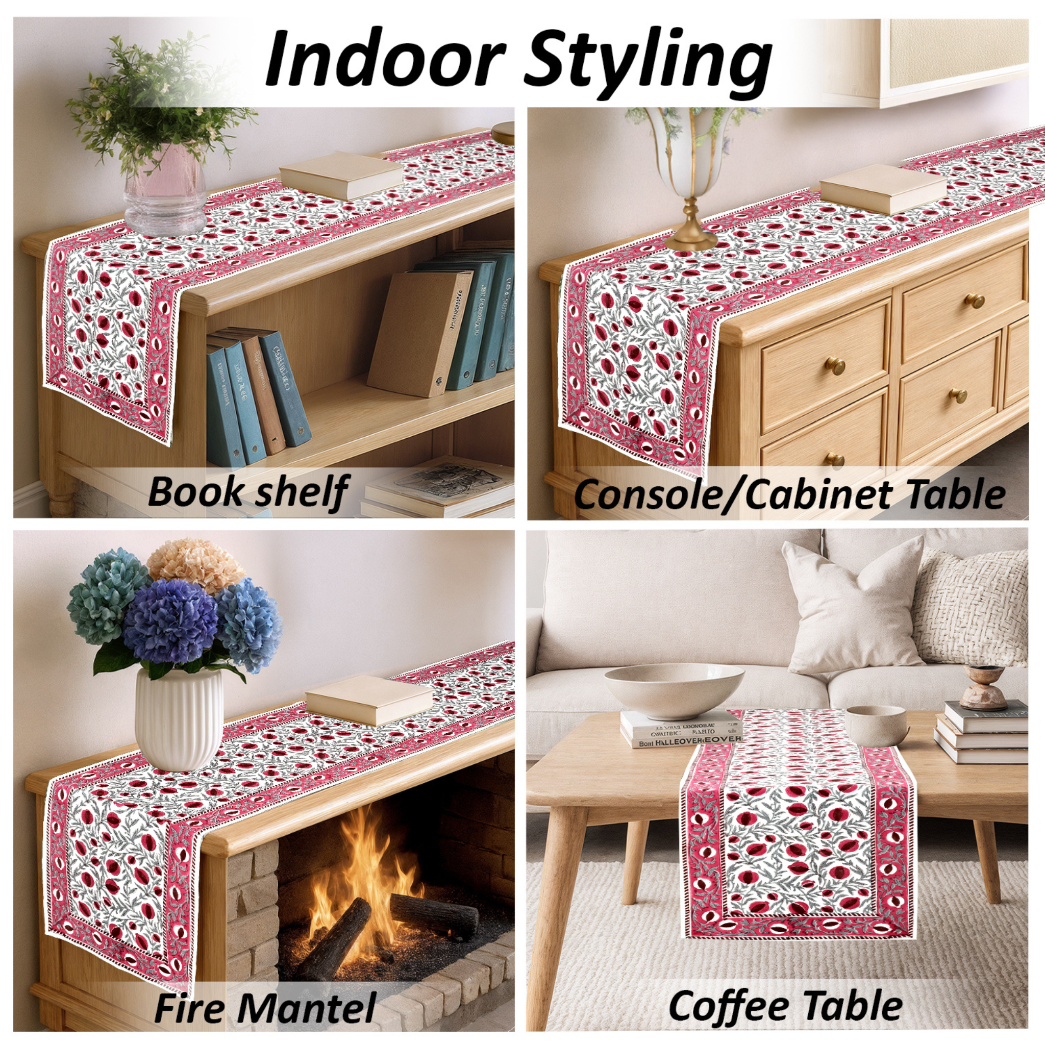 Red and white patterned table runner displayed on various furniture pieces with text 'Indoor Styling'.