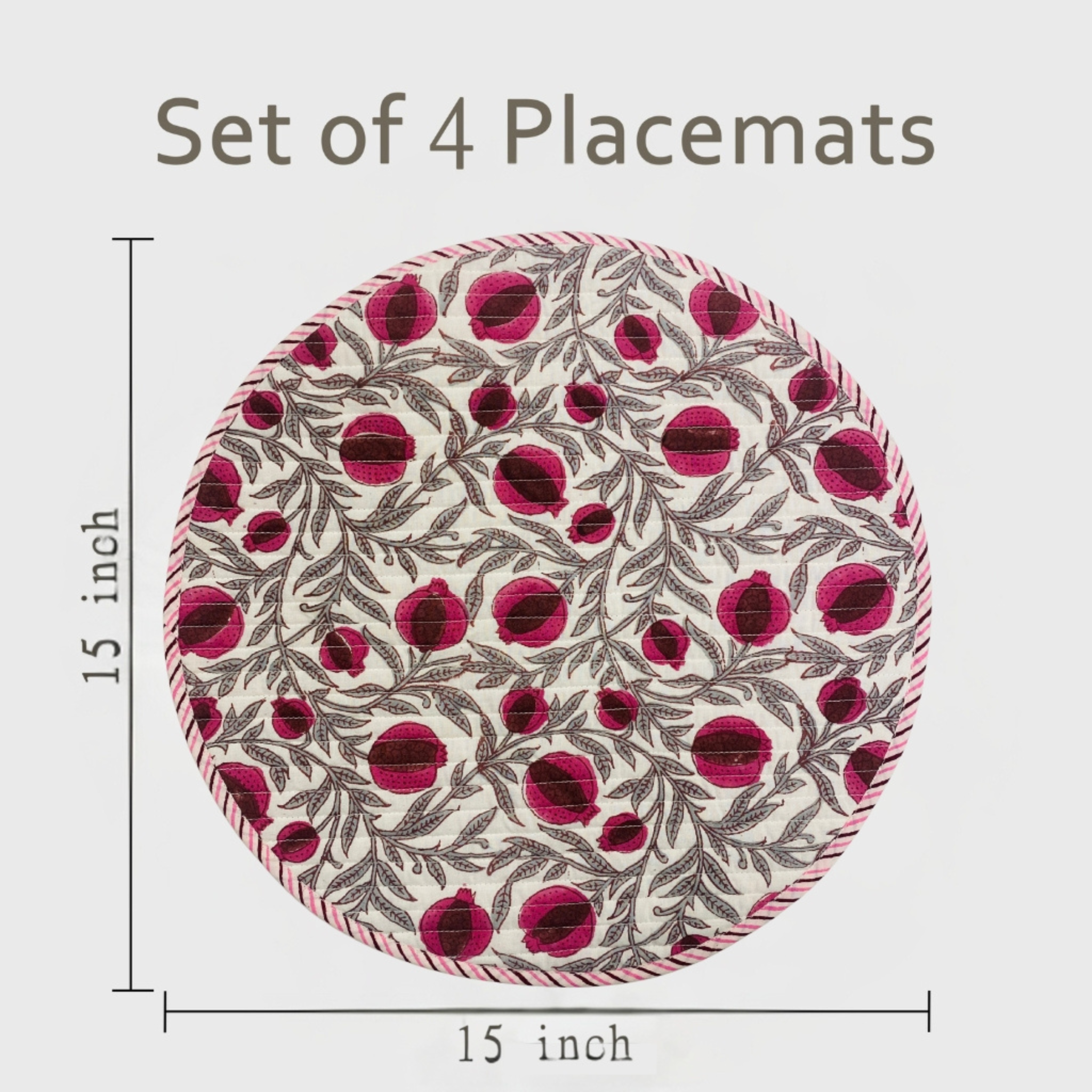 Set of 4 round placemats with a floral pattern, shown with dimensions on a light gray background.