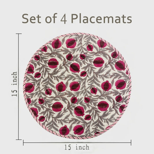 Set of 4 round placemats with a floral pattern, shown with dimensions on a light gray background.