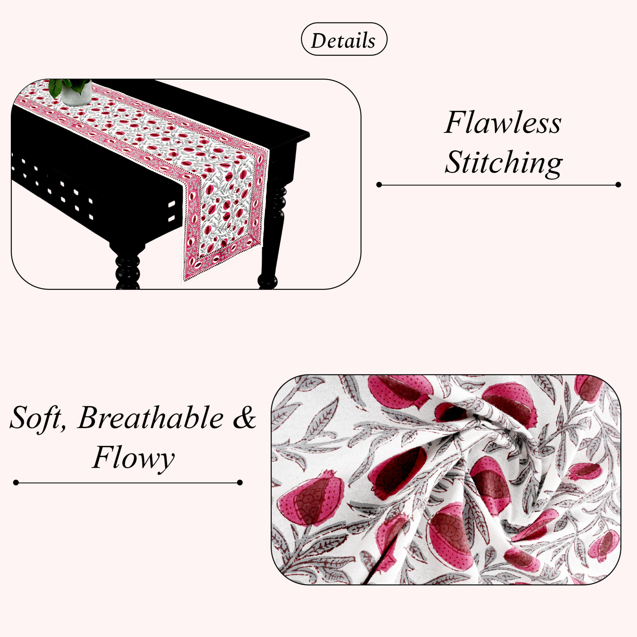 Table runner with floral pattern on a table, highlighting 'Flawless Stitching' and 'Soft, Breathable & Flowy' qualities.