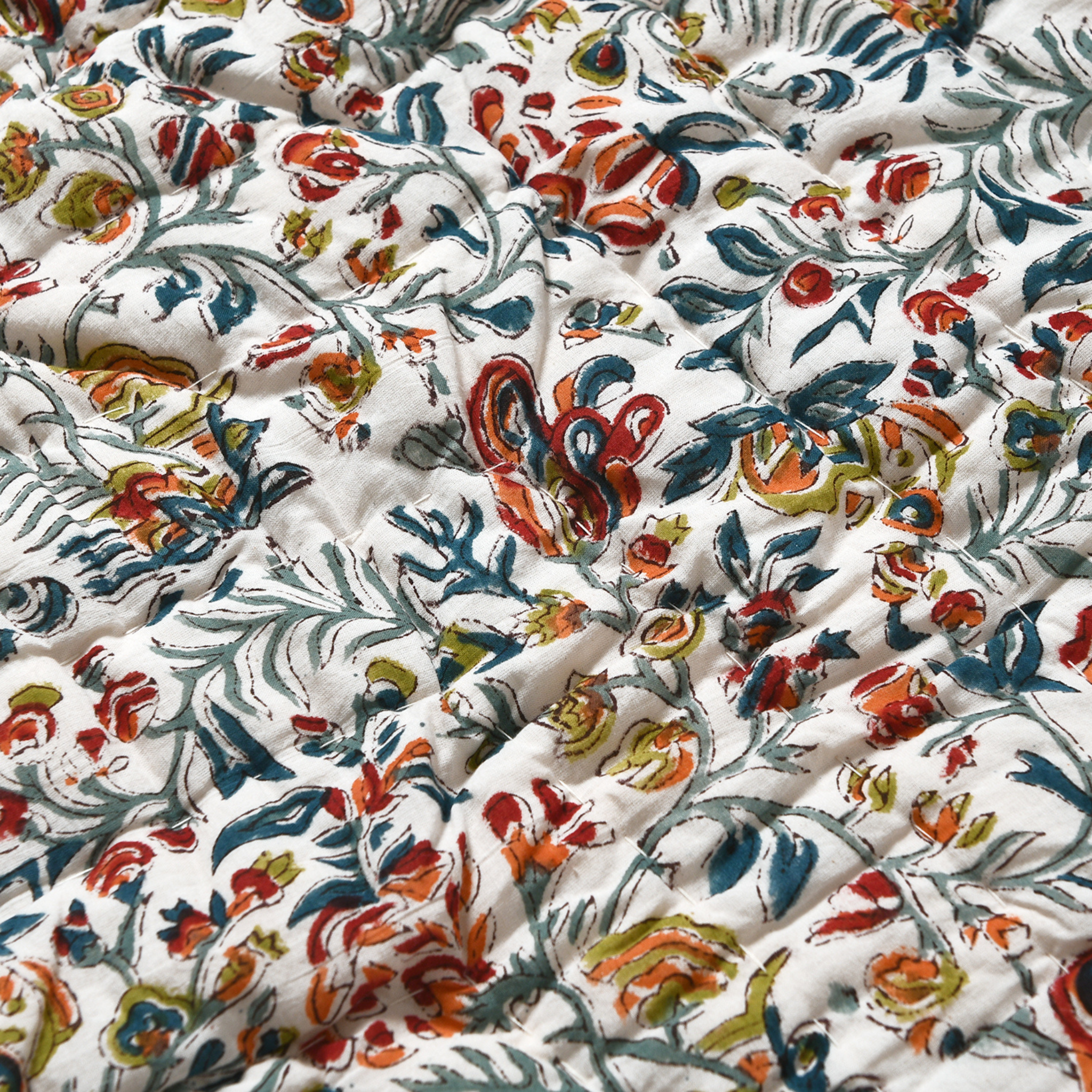 Close-up of floral fabric with multicolor pattern on white background