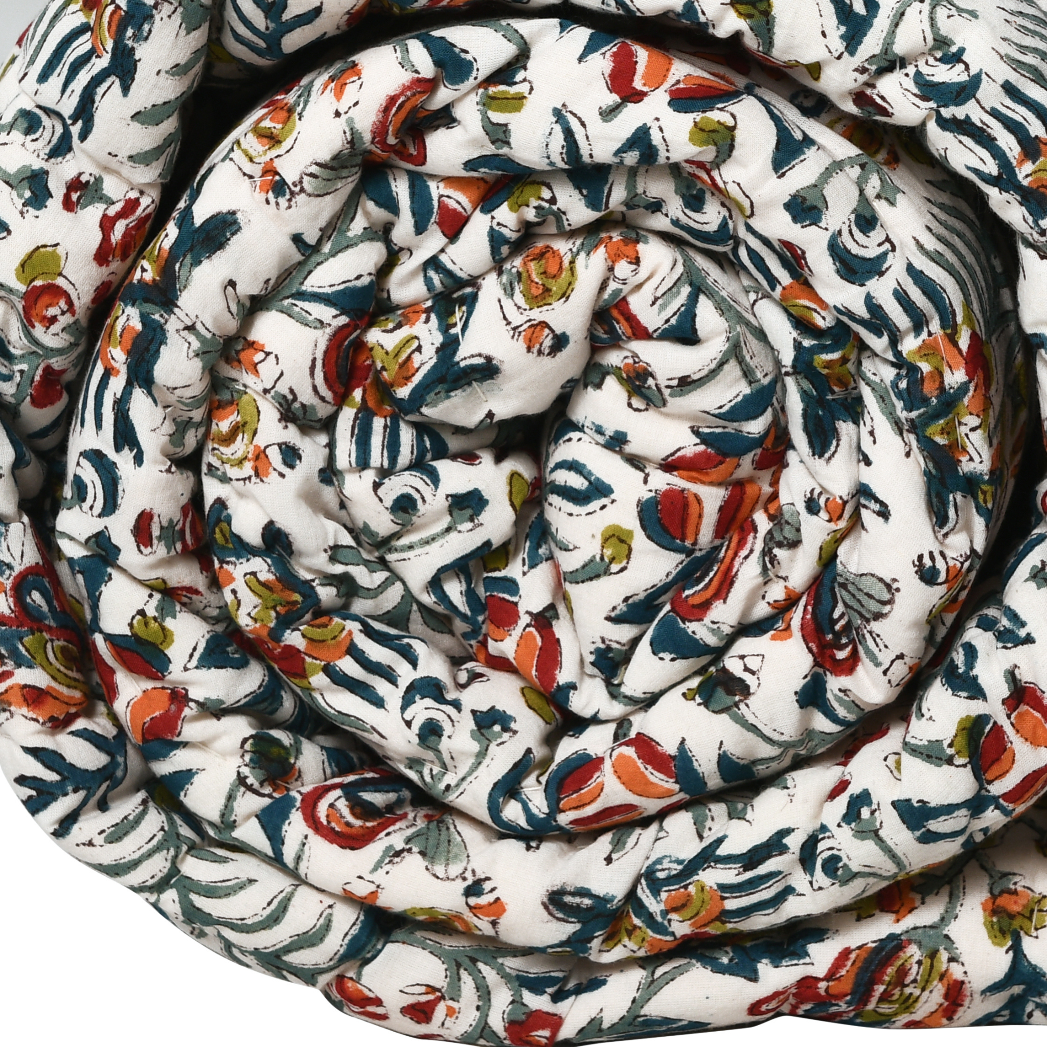 Rolled-up fabric with colorful floral pattern on a white background