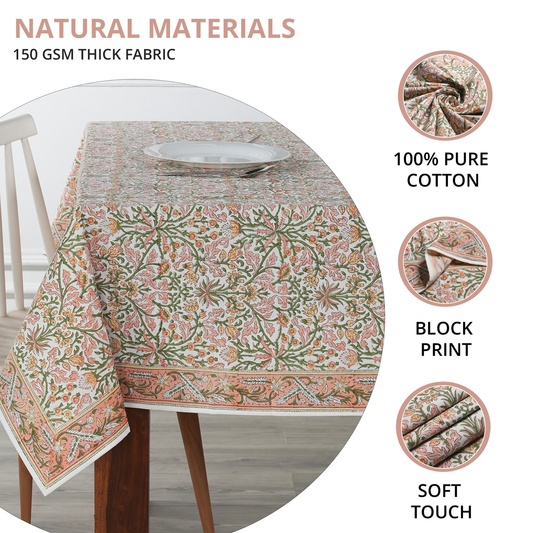 Tablecloth with floral pattern on a table, featuring text about natural materials and fabric details.