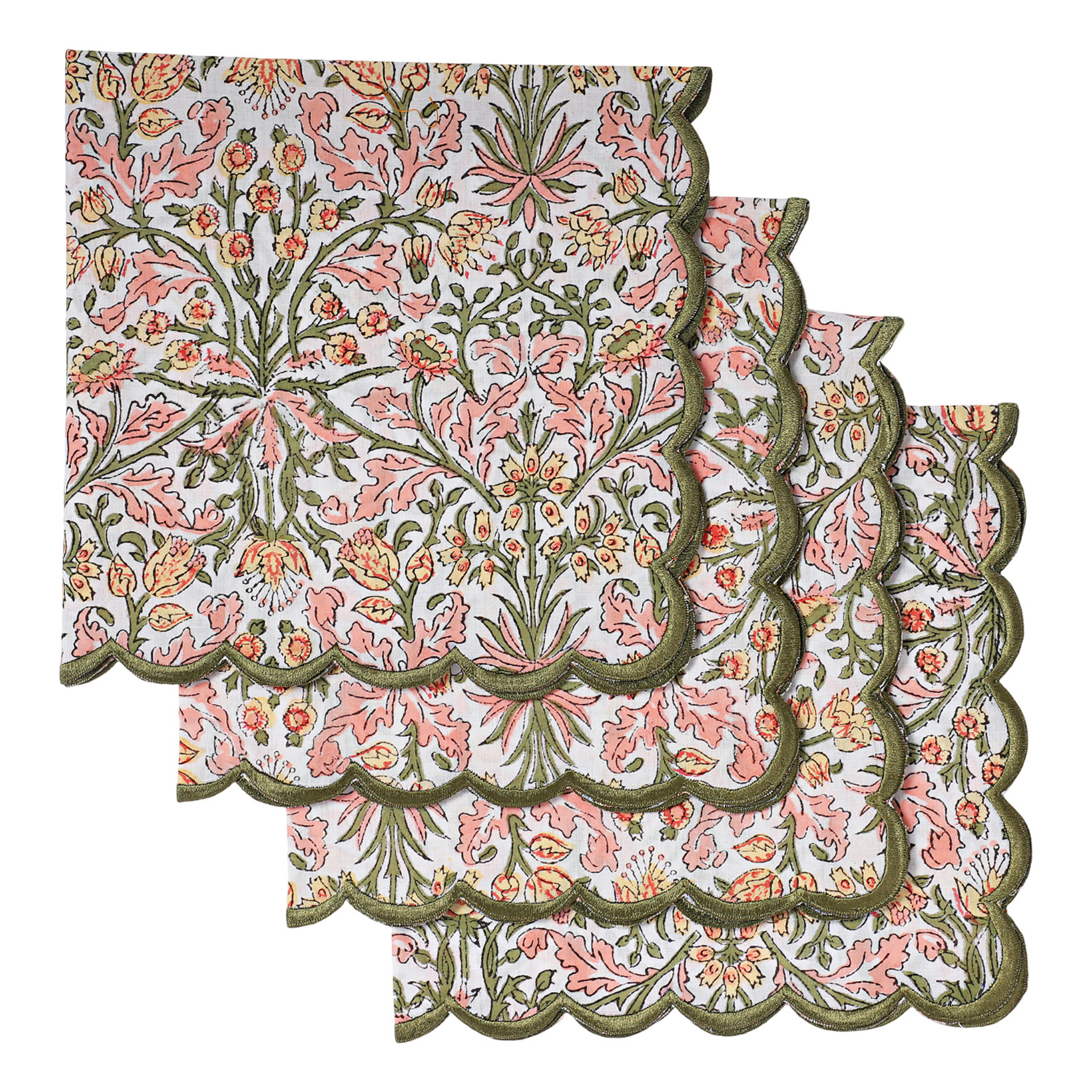 Set of three floral patterned coasters with scalloped edges on a white background
