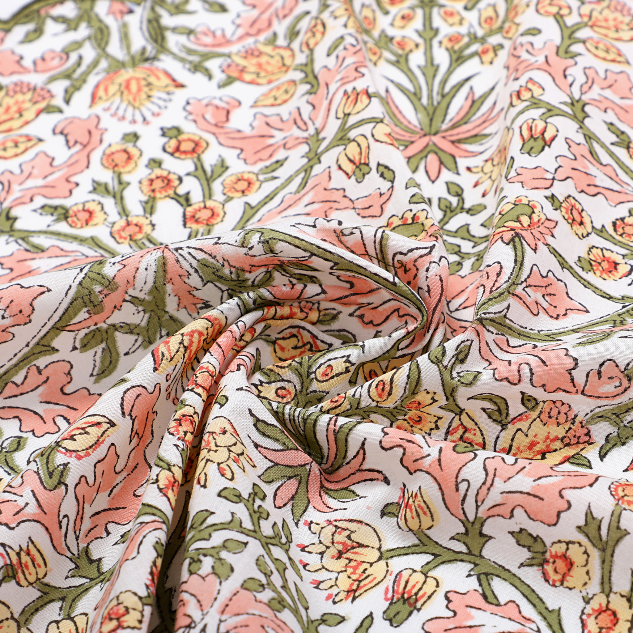 Close-up of floral patterned fabric with pink and green colors.