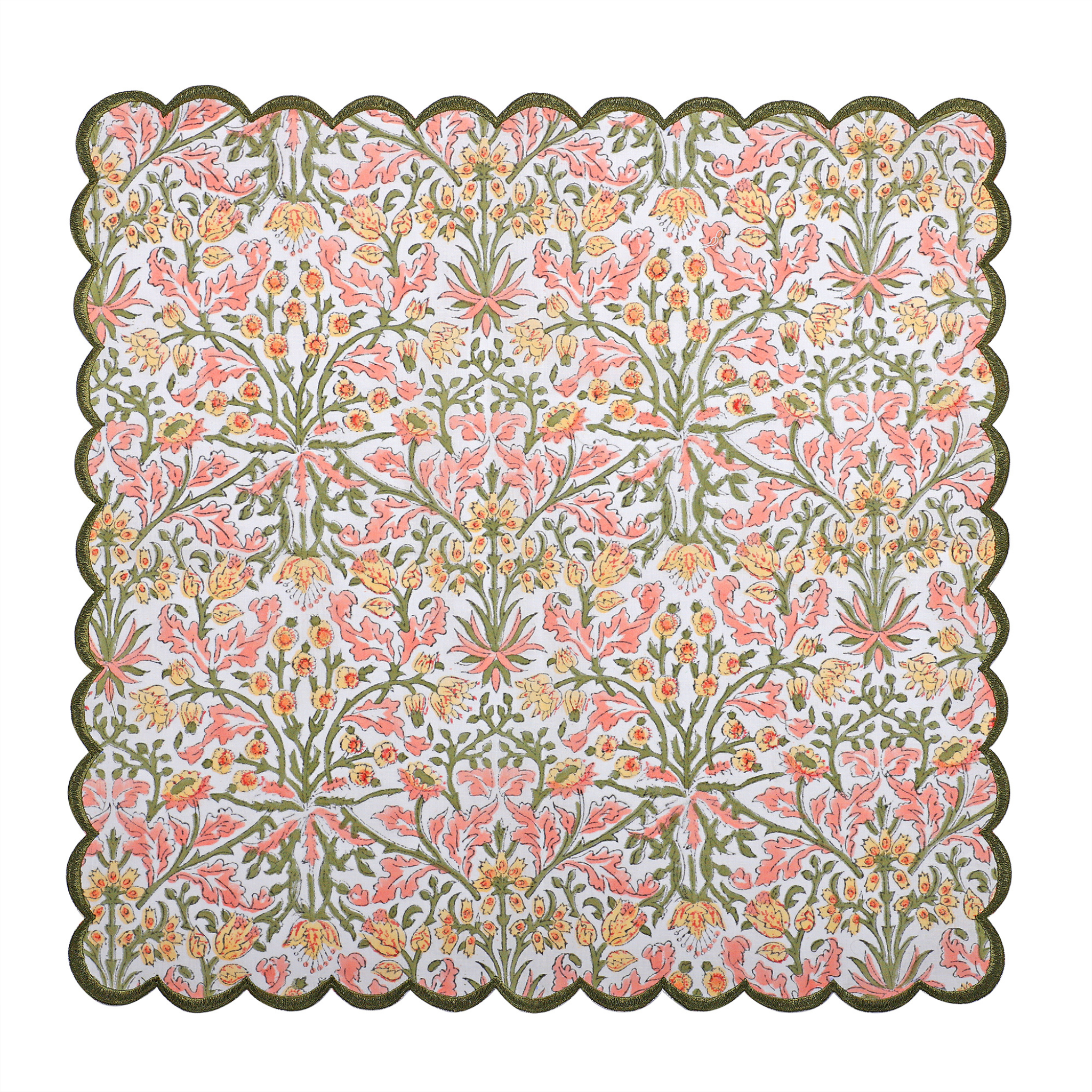 Floral patterned fabric swatch with pink and green colors on a white background