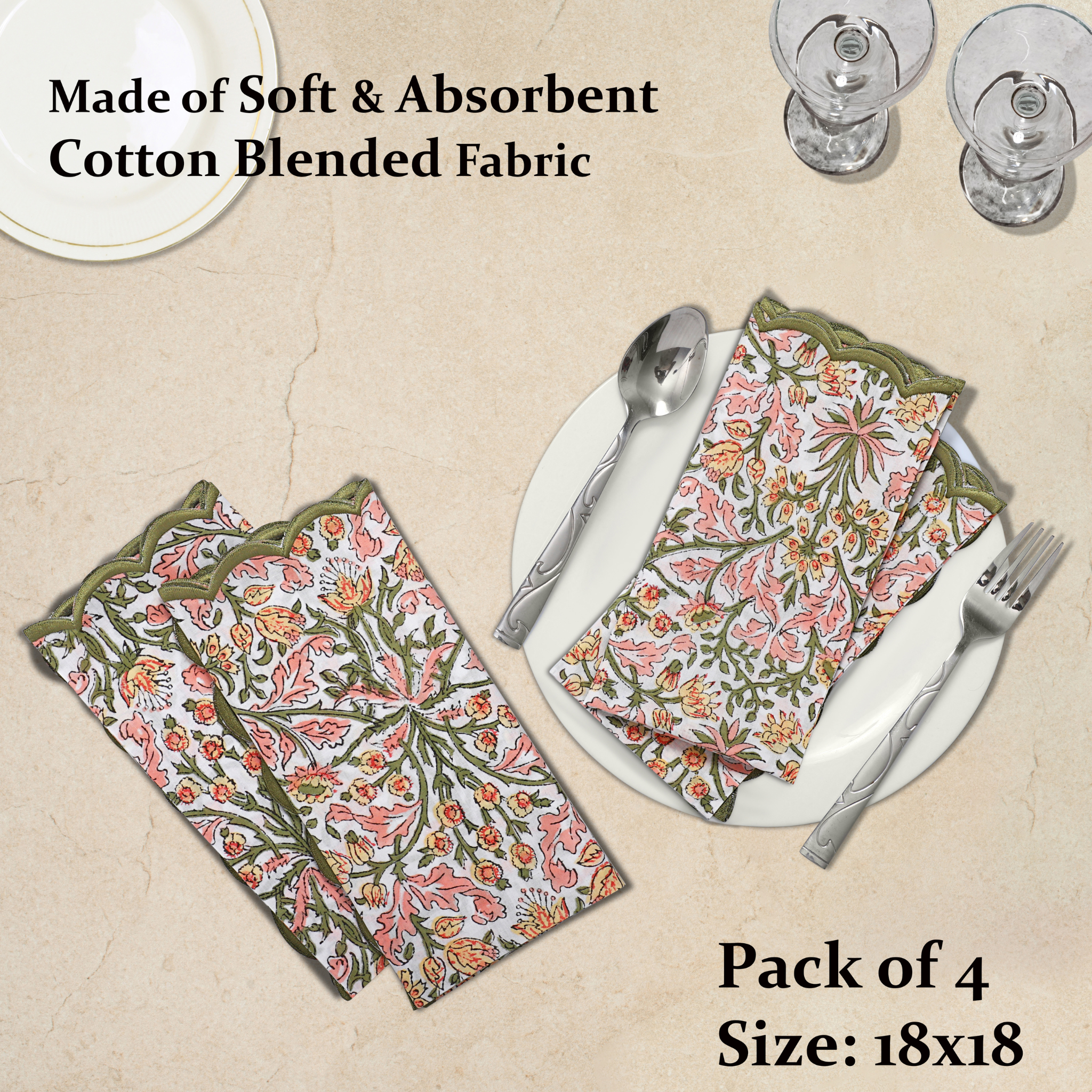 Floral patterned napkins on a beige surface with cutlery