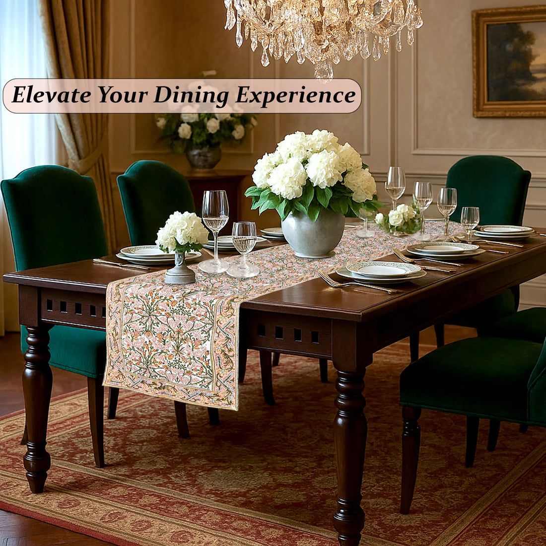 Dining room with a table set for dinner, flowers, and a chandelier.
