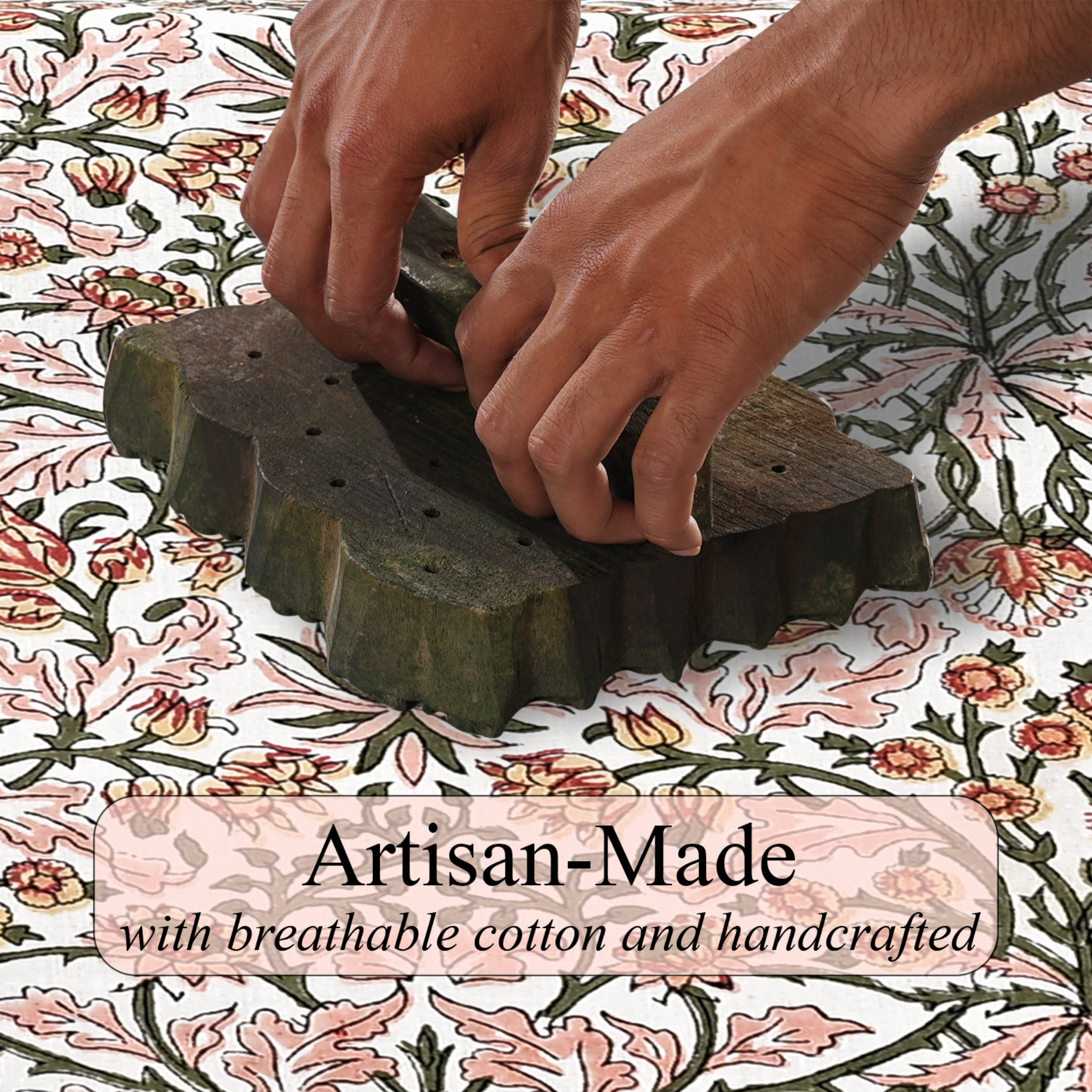 Hands using a stamp on floral fabric with 'Artisan-Made' text overlay.