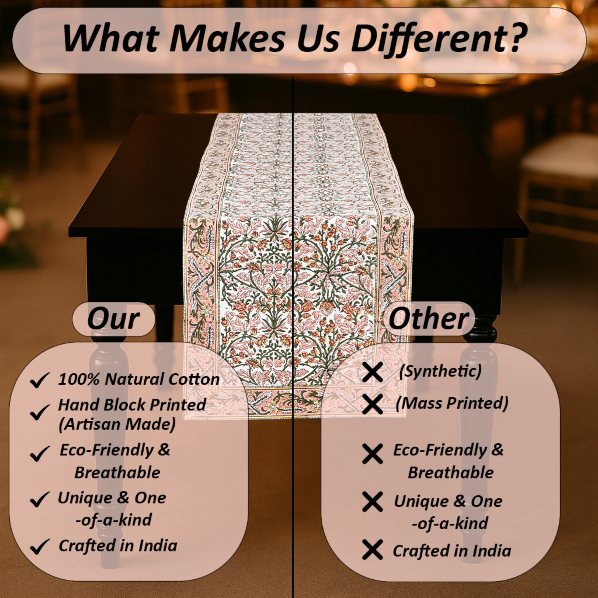 Table runner with text comparing 'Our' and 'Other' qualities on a blurred background.