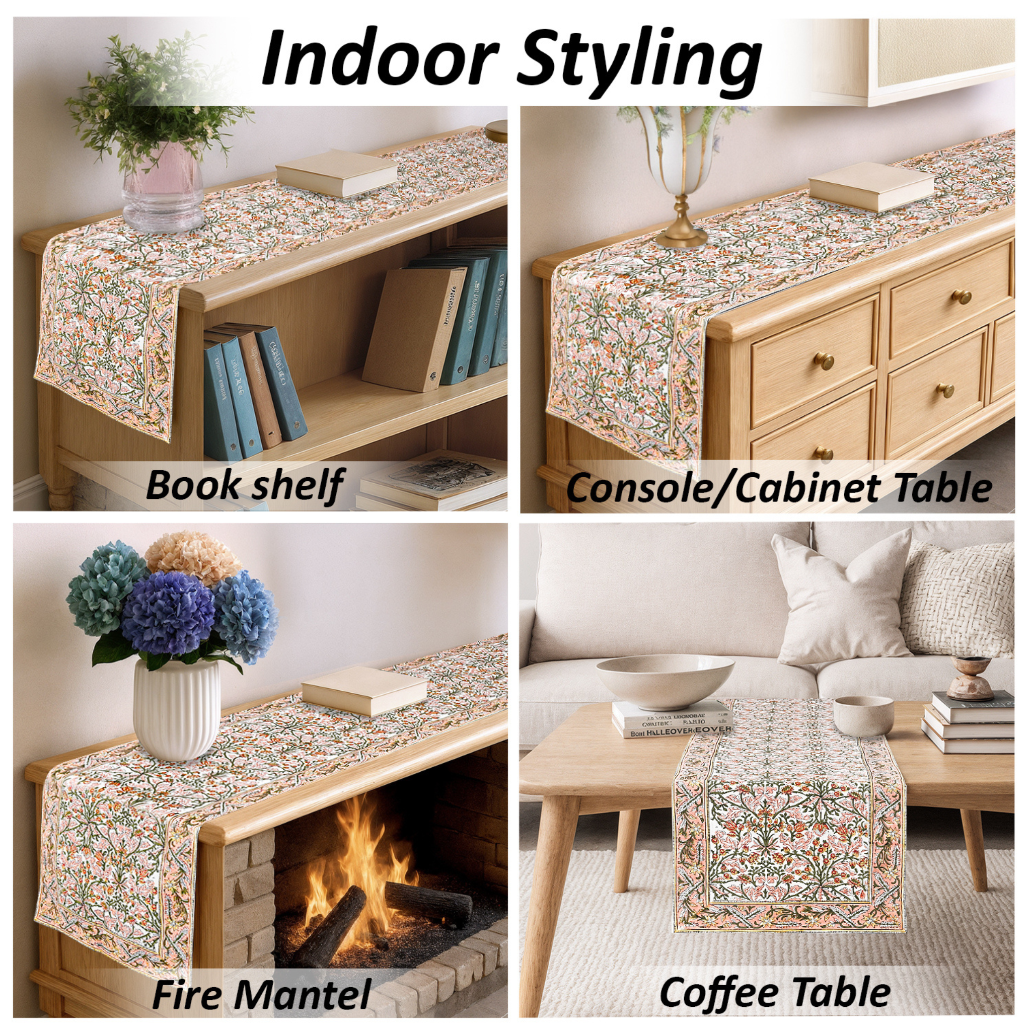Floral table runner used on a bookshelf, console cabinet, fire mantel, and coffee table.