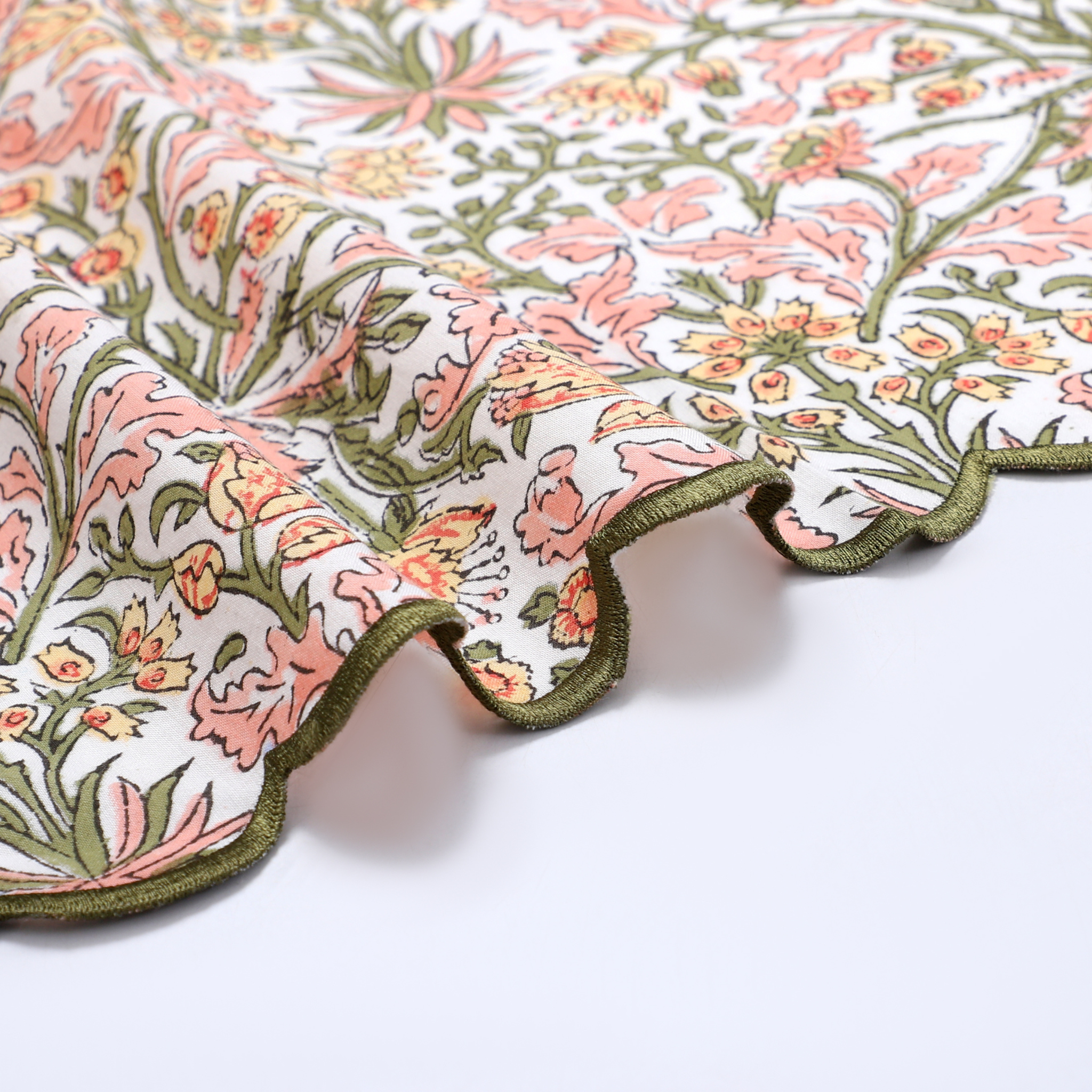 Floral patterned fabric with pink and green colors on a white background