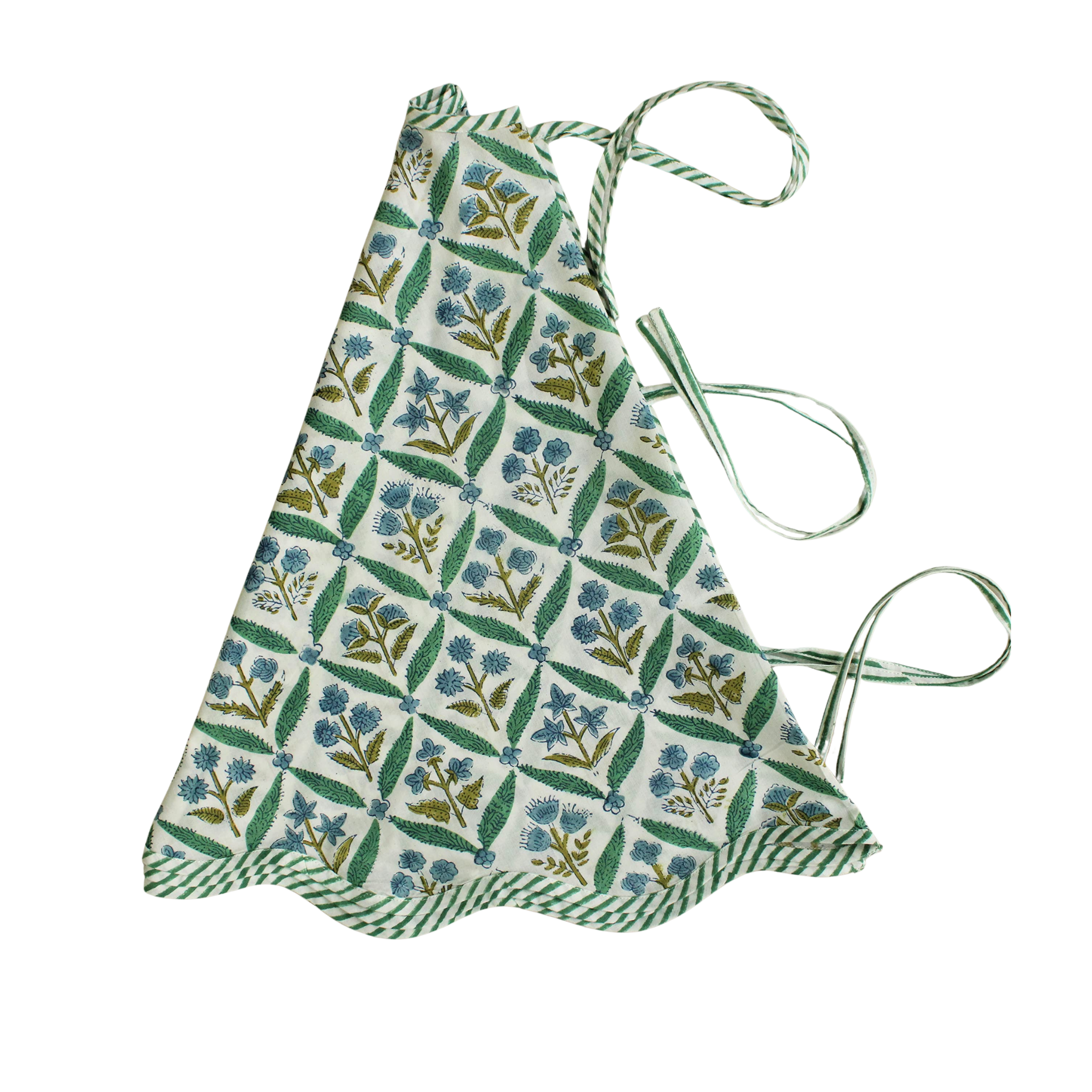 Floral patterned apron with green straps on a white background