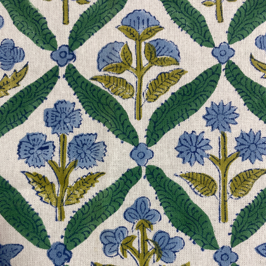 Pattern of blue flowers and green leaves on a beige background