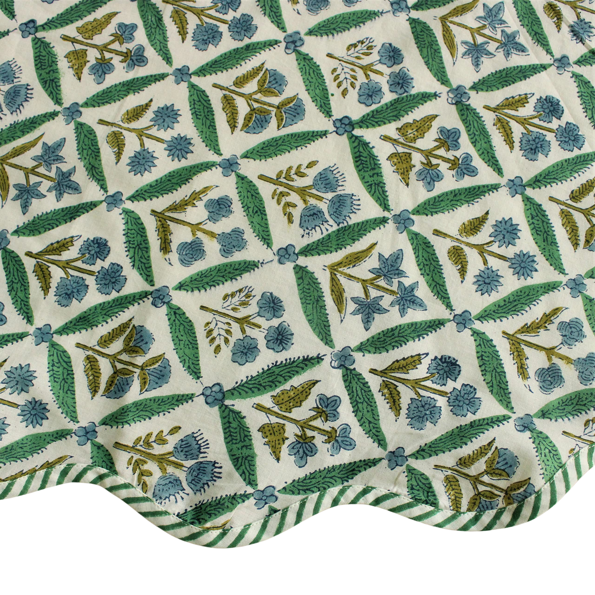 Floral patterned fabric with green and blue flowers on a white background