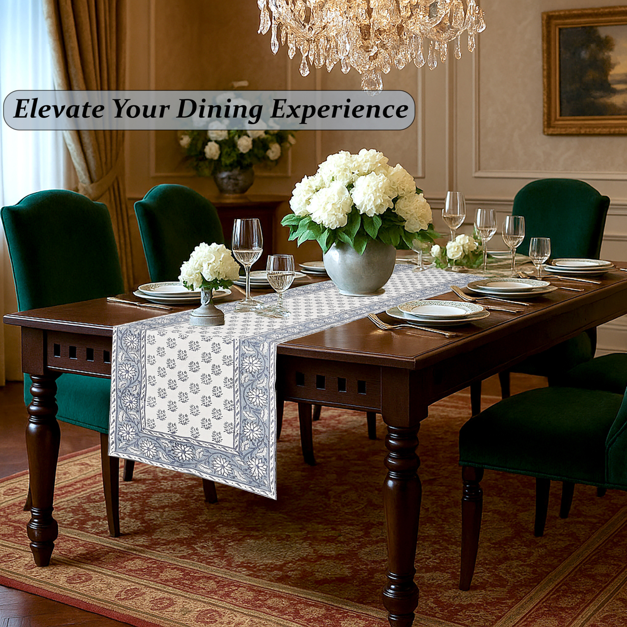 Dining room with a wooden table set for dinner, green chairs, and decorative elements.
