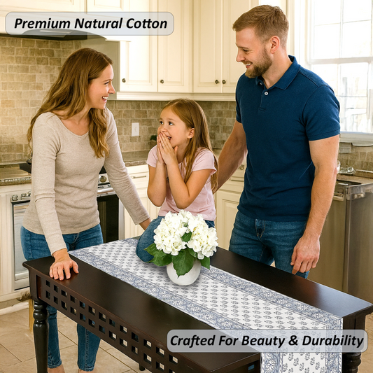 Family in a kitchen with a table runner featuring white flowers.