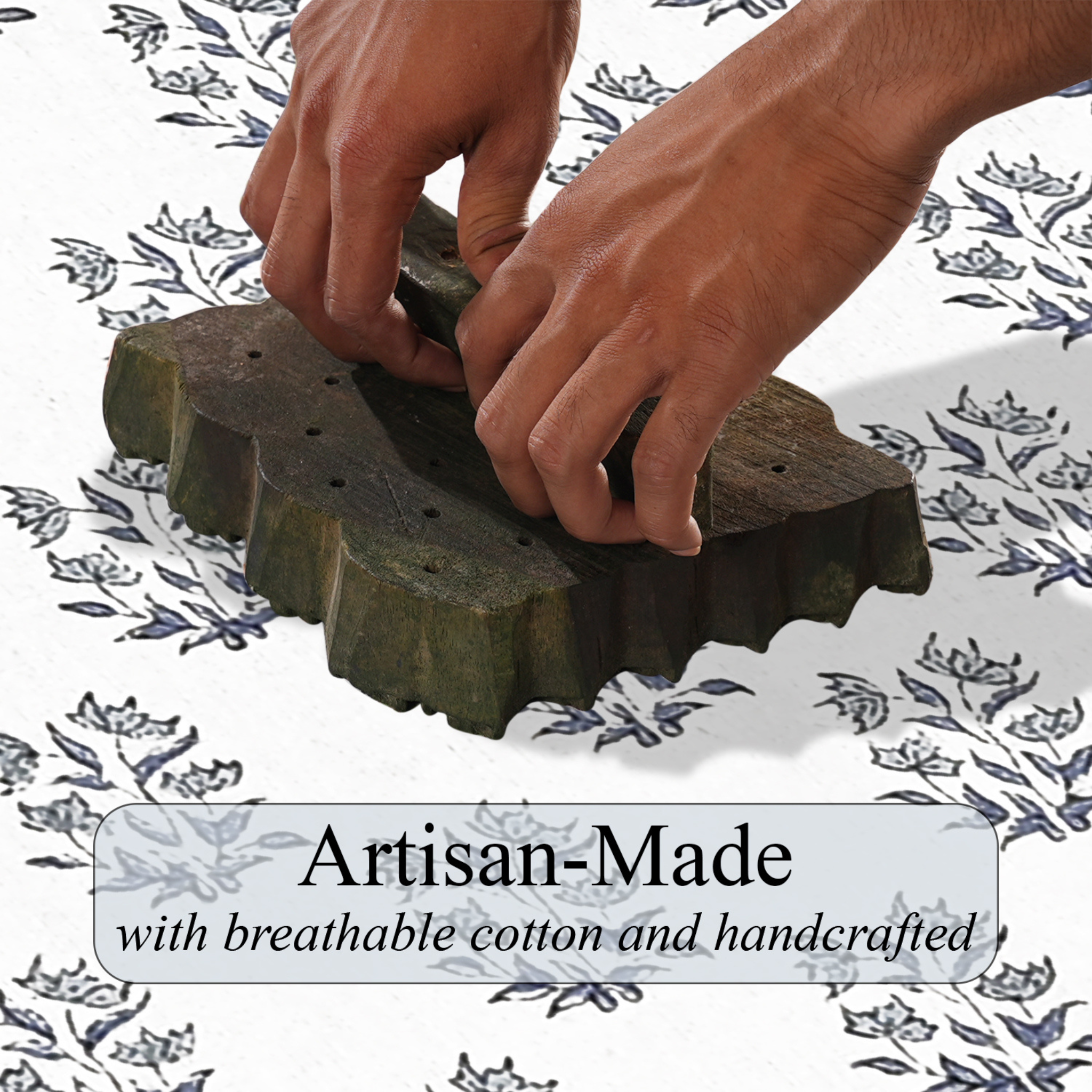 Hands using a textured green object with a floral patterned background