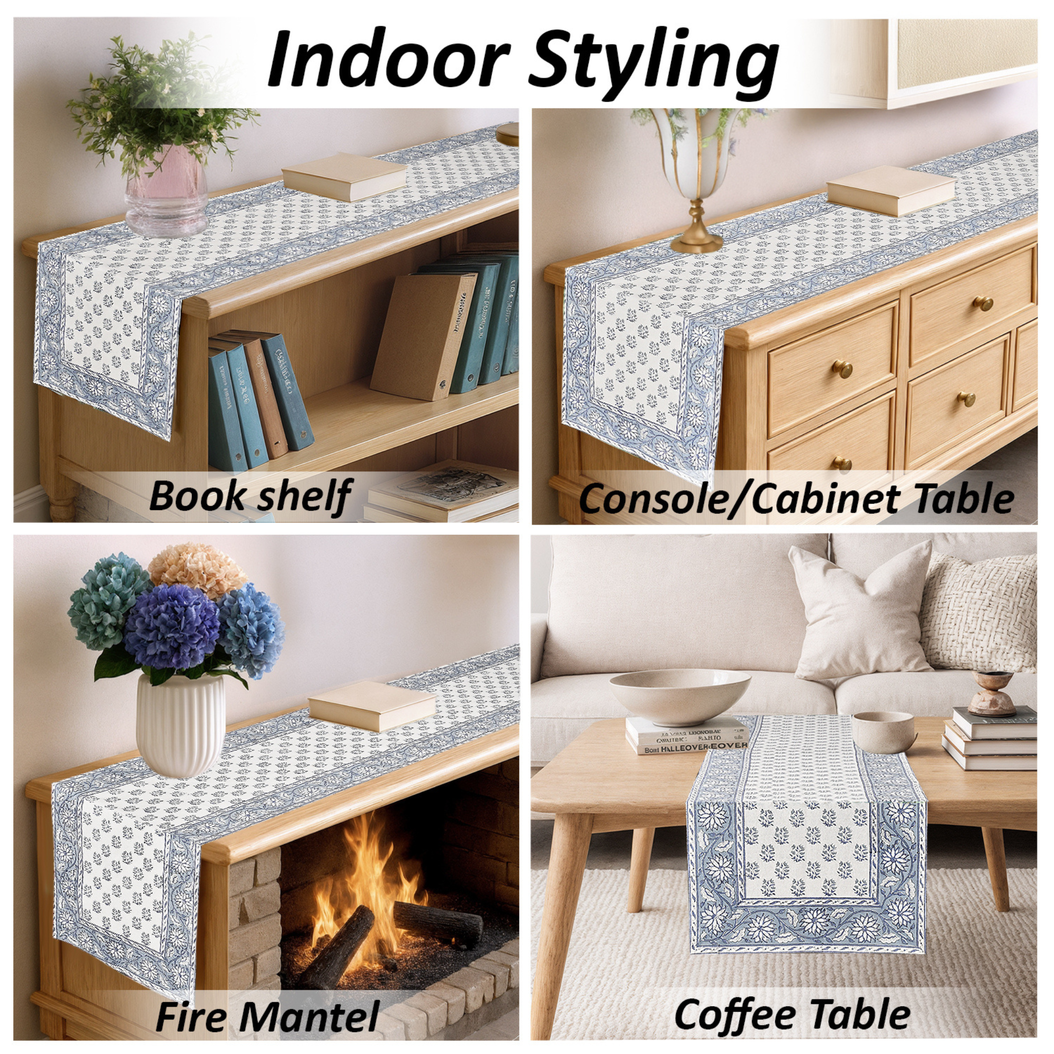 Collage of a blue and white patterned table runner used on various furniture pieces including a bookshelf, console cabinet, fire mantel, and coffee table.