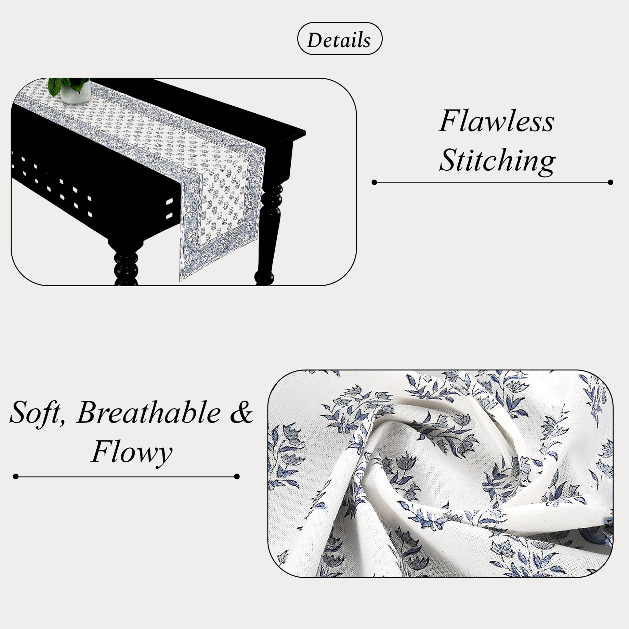 Tablecloth with floral pattern on a white background, highlighting 'Flawless Stitching' and 'Soft, Breathable & Flowy' text.