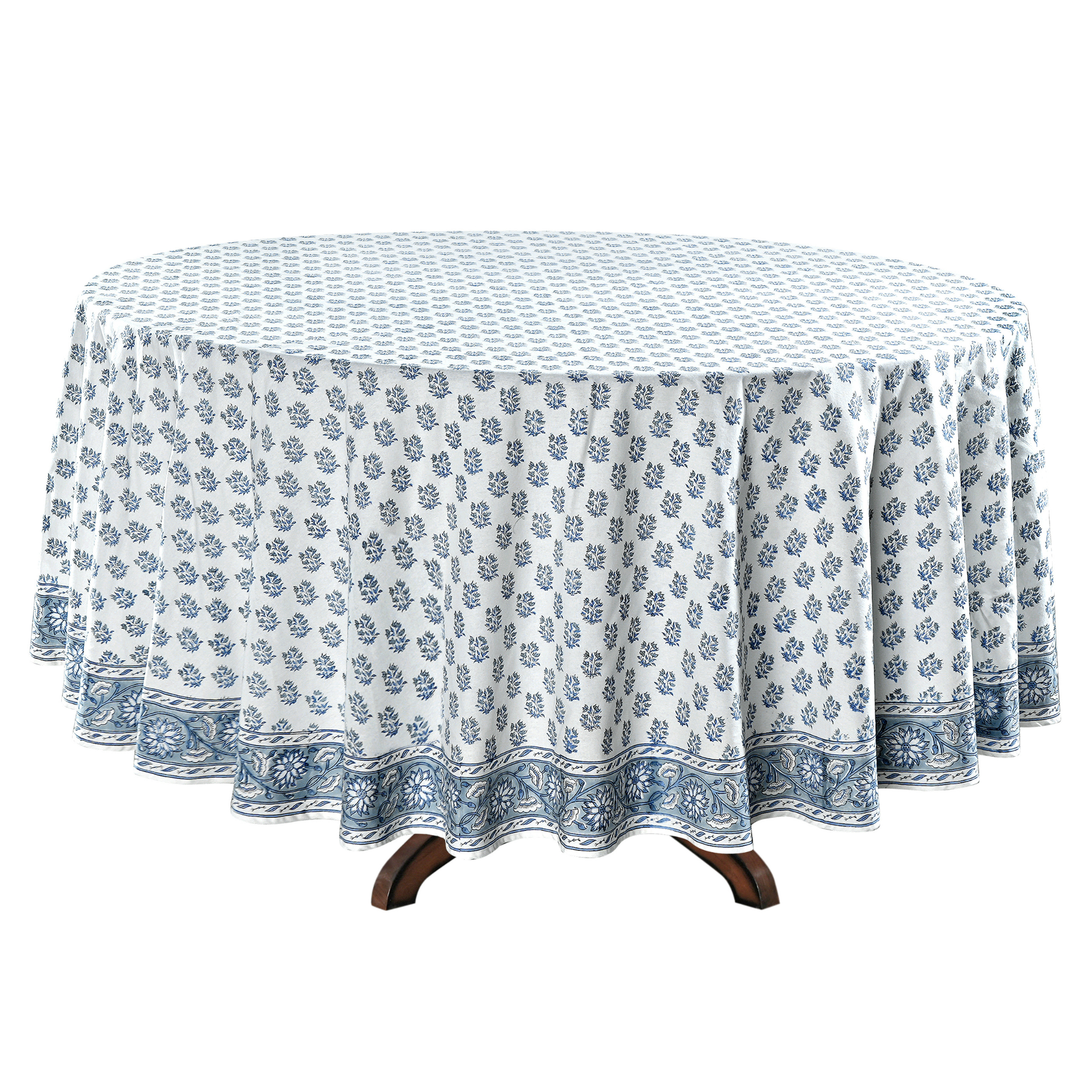 blue floral round tablecloth on white background