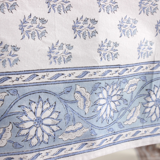 Close-up of a floral patterned fabric with blue and white colors.