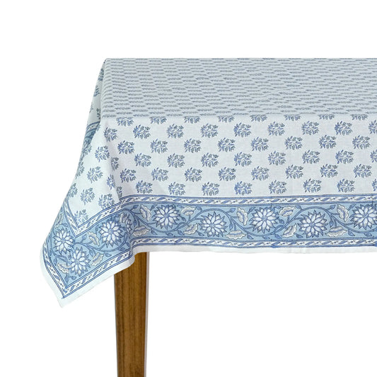 Tablecloth with blue floral pattern on a white background