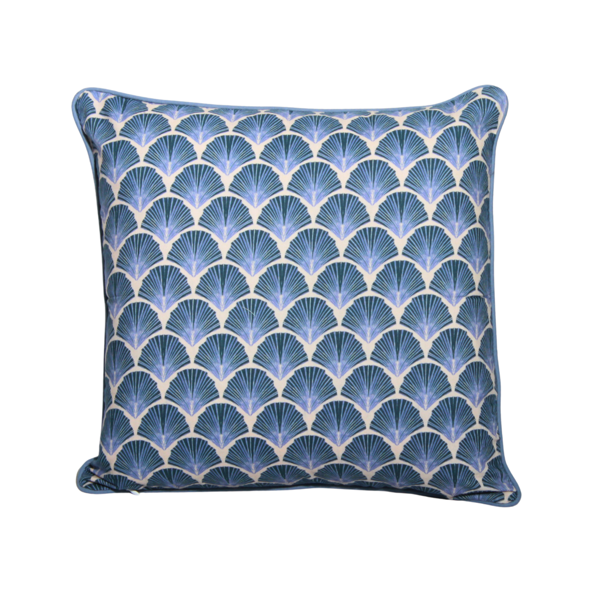 Decorative pillow with blue fan pattern on a white background