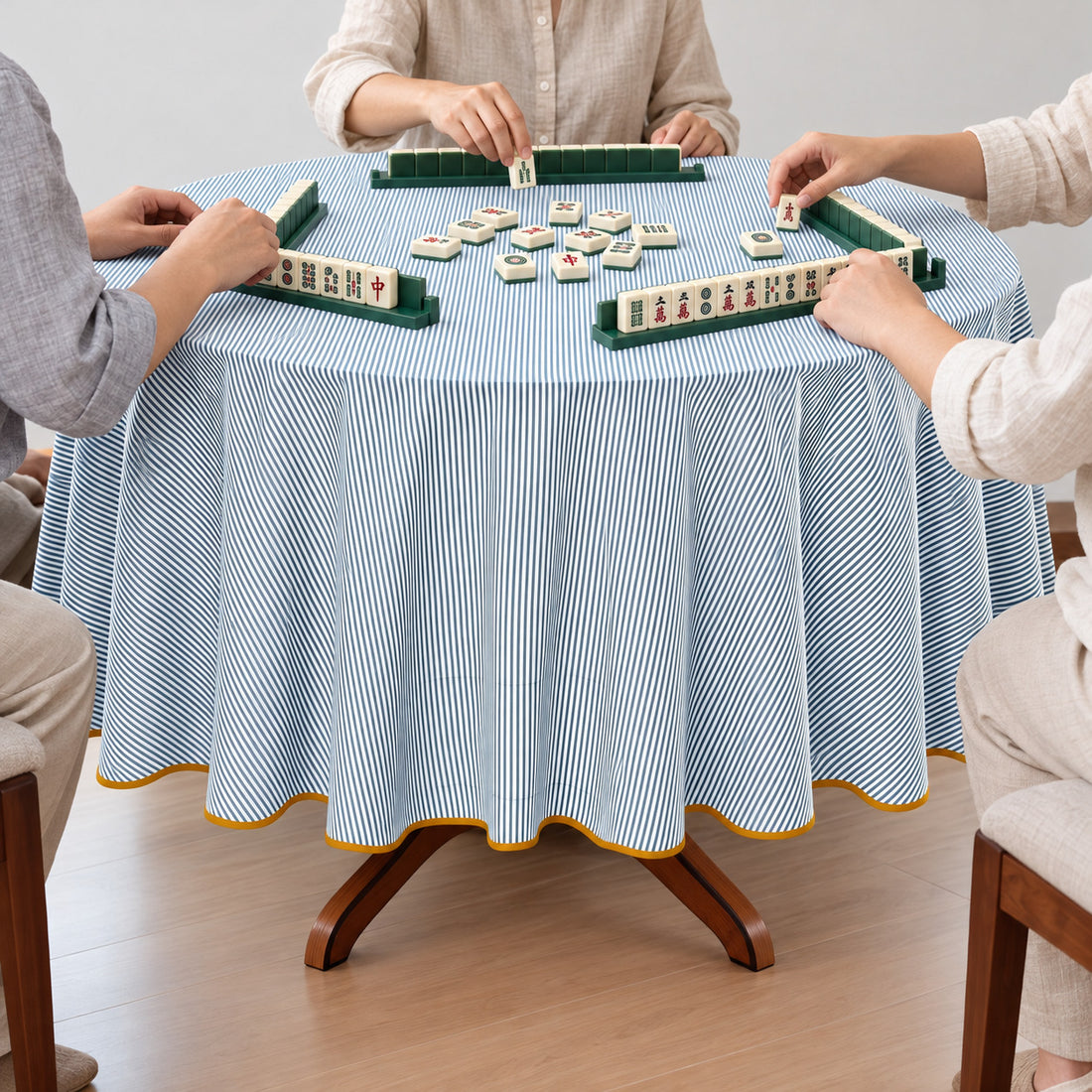 Slate Blue Stripe With Yellow Scallop Pipping Round Tablecloth