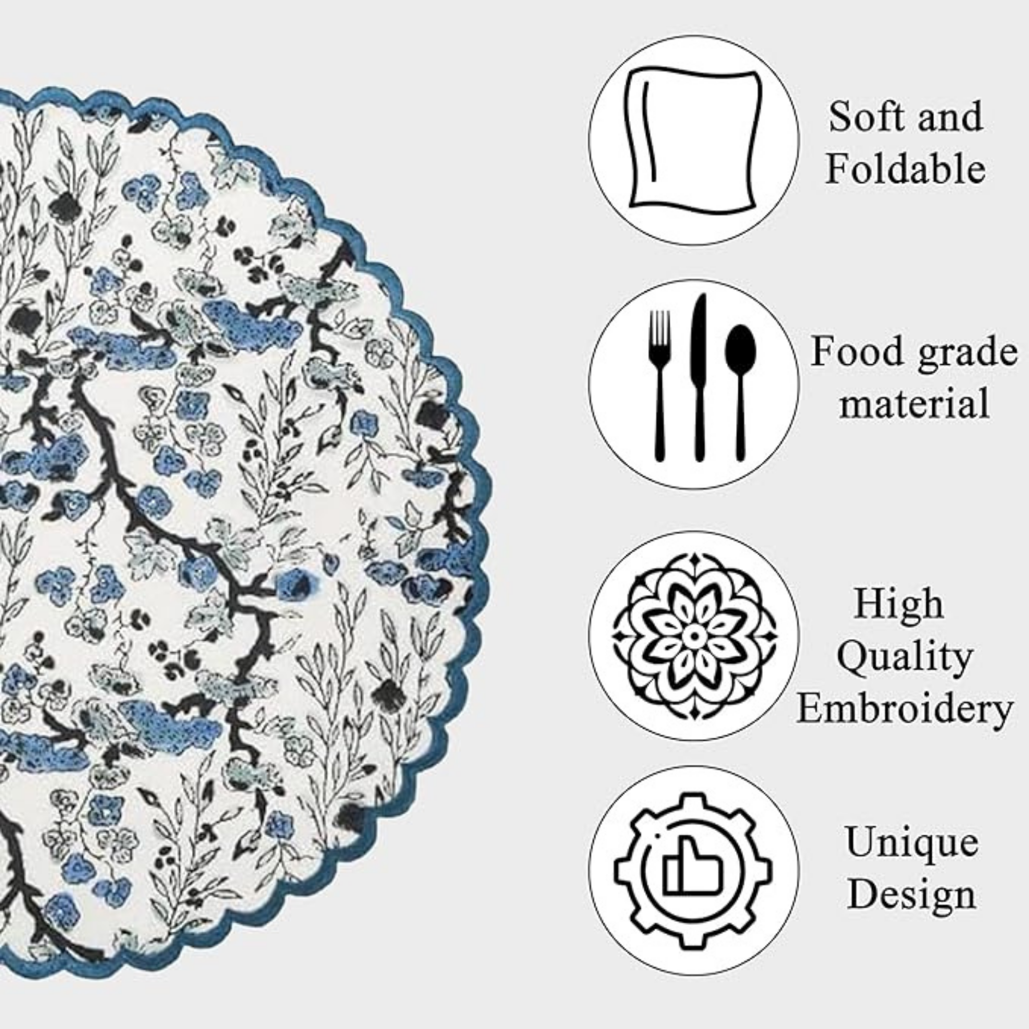 Decorative placemat with floral design and features listed on a white background