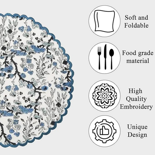 Decorative placemat with floral design and features listed on a white background