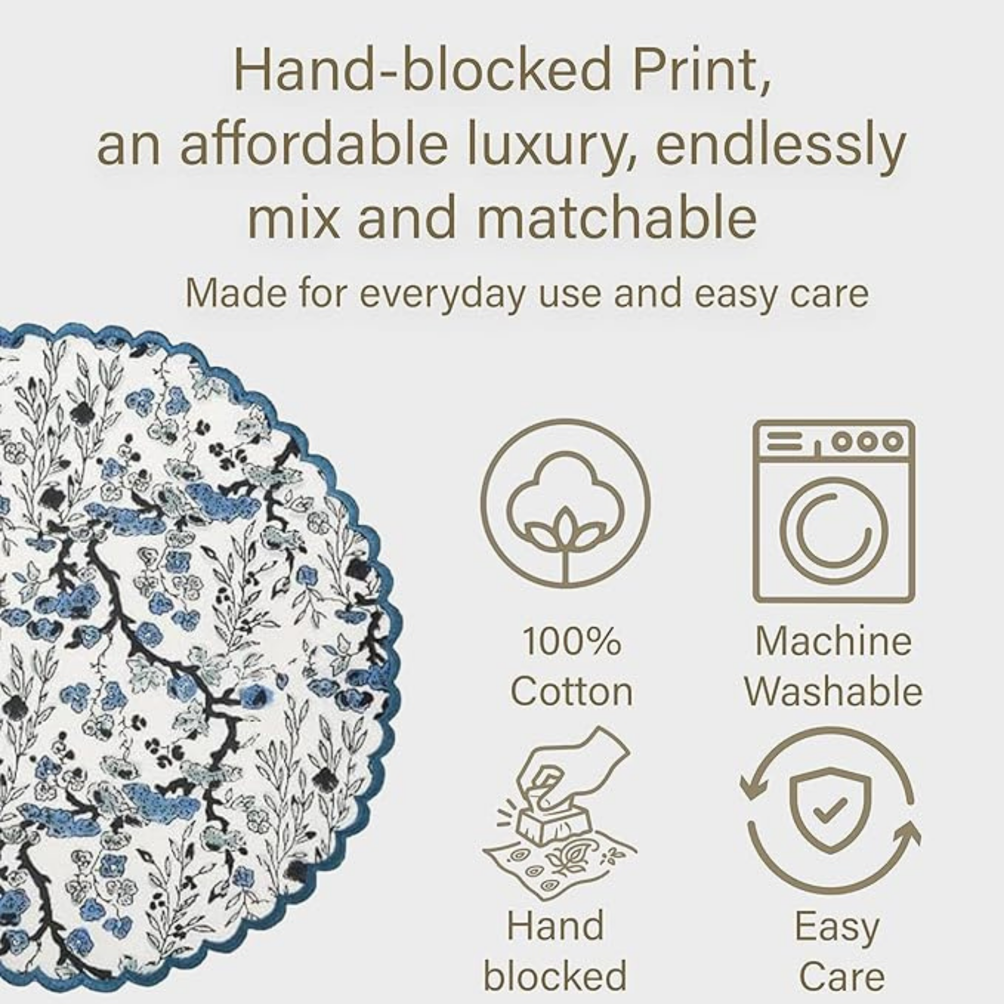 Product description with floral pattern, icons, and text on a light gray background