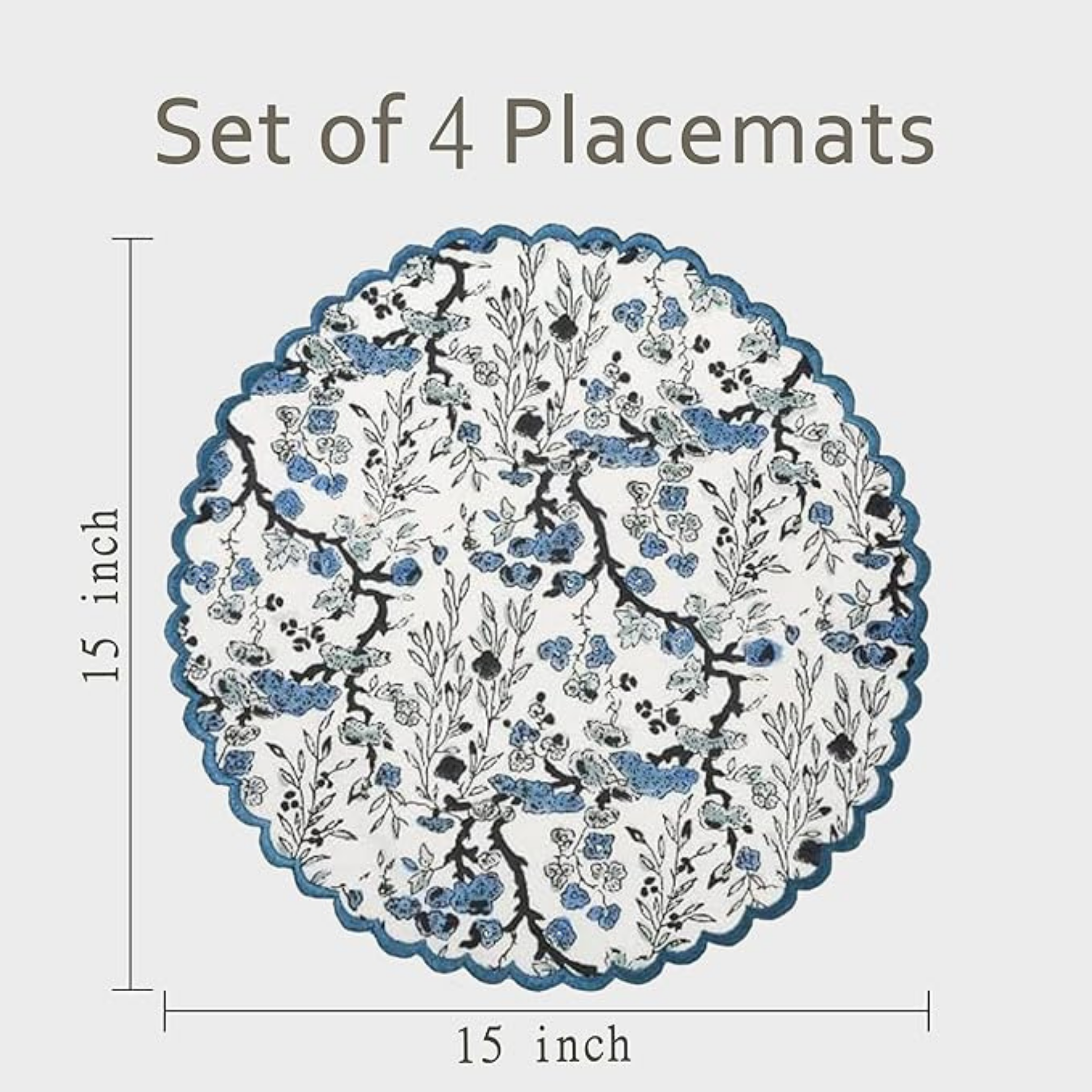 Set of 4 round placemats with floral design and measurements on a white background