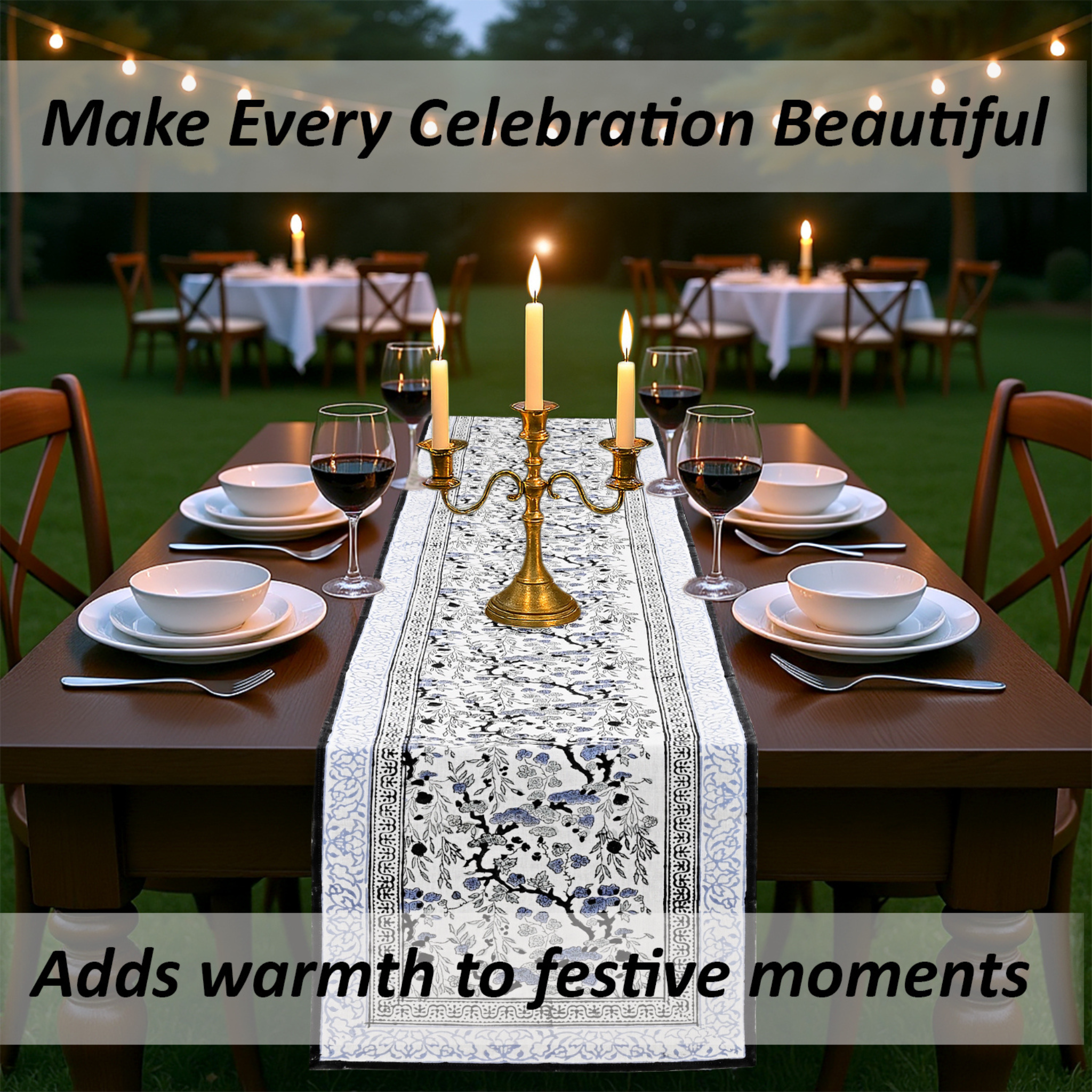 Dining table set for a celebration with candles and a decorative table runner, text overlay about making celebrations beautiful.